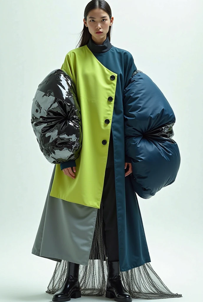 “A futuristic avant-garde fashion design inspired by confirmation bias, influenced by the silhouettes of Yohji Yamamoto and Issey Miyake. The asymmetrical jacket has a deconstructed, oversized fit with fluid yet structured draping. One sleeve is dramatically exaggerated and segmented with black and silver reflective materials, resembling distorted mirror fragments. The same sleeve incorporates voluminous quilted padding, adding a sculptural contrast to the sleek, matte fabric of the rest of the garment. The jacket features muted neon green, deep indigo blue, and soft gray color-blocking, seamlessly blending into the flowing structure. The buttons run down the center, subtly reinforcing the illusion of symmetry despite the off-balance design. The layered skirt is sculptural yet airy, with pleated and wire-framed structures creating a floating, cage-like effect. The overall aesthetic embodies fragmented perception, distortion, and a poetic exploration of biased reality.”