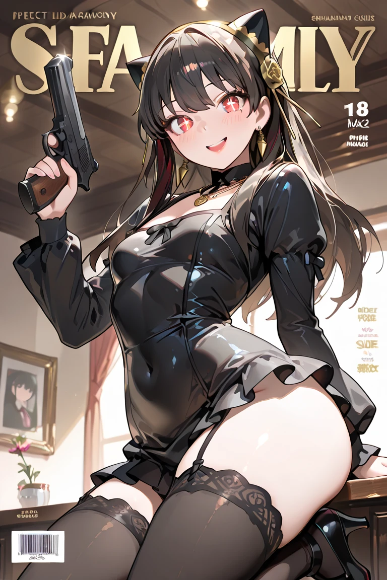1 girl, small nose, very beautiful detailed face and eyes, bright colors, cute face, delicate beautiful face, Bright magenta eyes, cute eyes, sparkling eyes, Big eyes, (small breasts:1.3), (perky chest:1.1), (pointed chest:1.0), (puddyng magazine cover:1.3),highest quality, WorKs of masters, High resolution,BlacK color hair,shiny hair, side ponytail,hair between eyes,bangs, (black jacket, real clothes, cleavage, black skirts, black thighhighs, thigh strap, fingerless gloves, single glove:1.2) , spread legs, panties shot, medium hips, glamorous body, white skin, smile, thin pubric hair, super beautiful face, Super beautiful eyes, Super beautiful hair,trendy outfit,sexy and attractive,full body esbian, Real World, Natural light,perfect Natural light,(with sparkling eyes and a contagious smile), This masterpiece is not only visually stunning but also tells, make of cake cooking , in the kitchen, open mouth, looking at viewer,