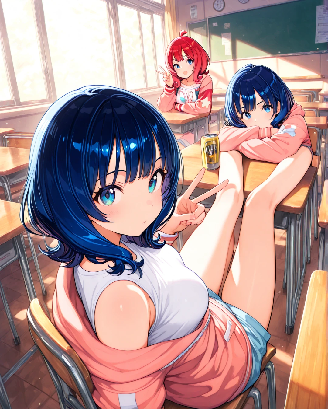 (Top quality illustrations:1.2), (Full color illustrations:1.9), (cute女の子:1.1), (5People Girls、Alongside), (School classroom)、(平行にAlongside立つ)、Commemorative photo、 (5People Girl、Non-virgin、、Mature、cute、Gal、Slightly smaller breasts、Slightly narrow waist、Ultra-detailed eyes:1.2)、high school girl、Prostitute、 Non-virgin、 Thighs Thighs、(((((nude)))))、(((Positive)))、Facing forward、Laughter、friend、Bold Pose、Sexy pose、Seduce your audience、Love your audience、(Black Hair、Blue Hair、Orange Hair、Brown Hair、Pink hair、Red hair、Blonde)、(short hair、Mid-length hair、Semi-long hair)、Hair length、(Straight Hair、Wavy Hair、Curly Hair、Bobcut、Twin tails、ponytail)、(Good balance between face and body:1.4)、(Good balance of girl placement:1.5)、(Licking penis with tongue:1.3)、