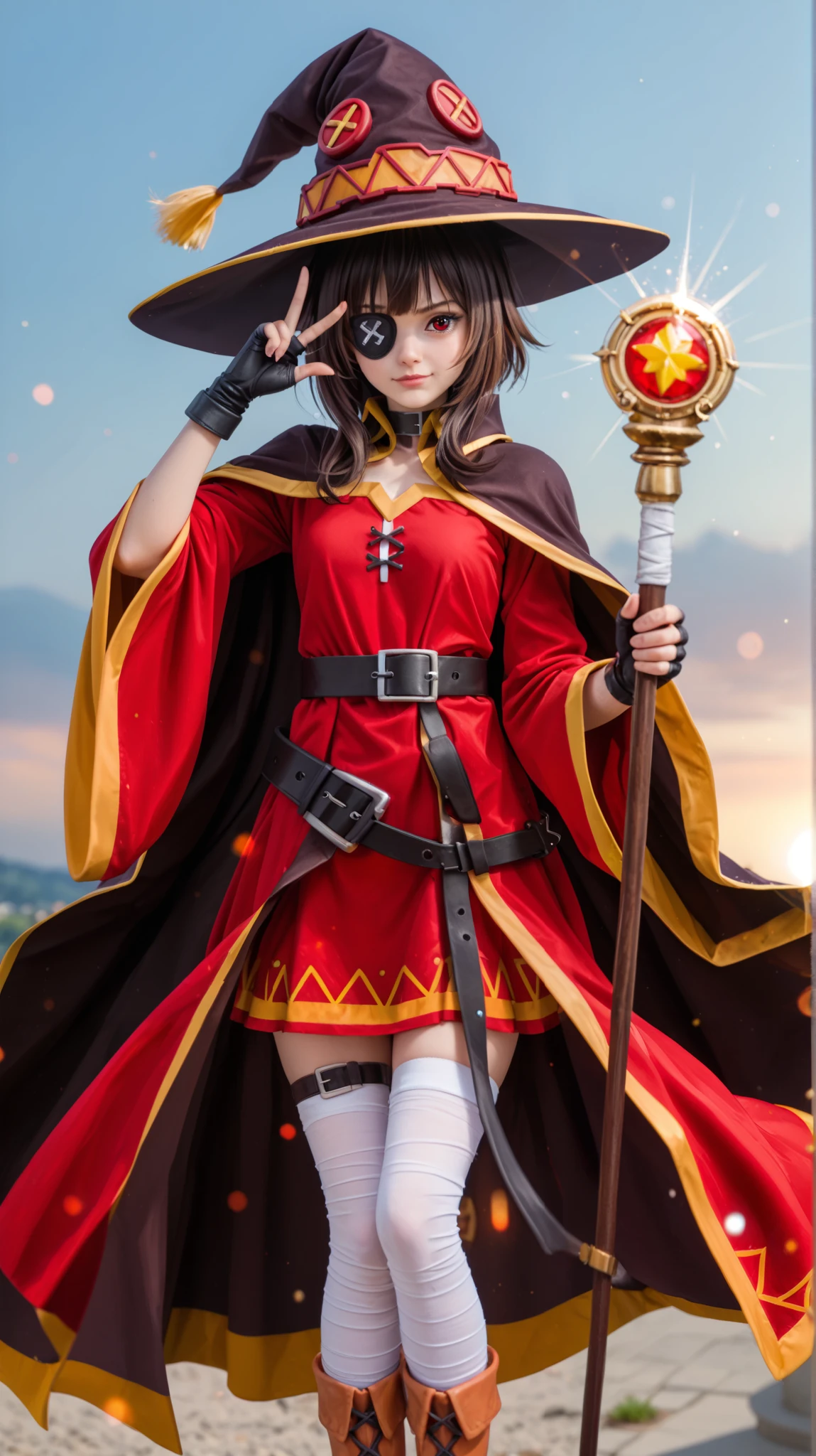 An ultra-realistic, hyper-detailed cinematic portrait of Megumin from Konosuba, captured in a dramatic fantasy photoshoot. She wears her signature red robes with gold trim, a dark purple cape with gold details, and a wide-brimmed wizard hat adorned with embroidered gold crosses and a yellow tassel. A black leather choker with a silver pendant rests around her neck, enhancing her mystical aura.

Her distinctive black eyepatch with a red cross covers her left eye, while her right eye glows brightly with magical power, emitting a faint crimson aura. She slightly raises the brim of her hat with one hand in a confident and determined gesture, her expression serious and focused.

The background is dark and atmospheric, evoking an intense battle scene, with subtle flickers of magical energy and sparkles enhancing the dramatic effect. The lighting is cinematic and evocative, with soft rim lights illuminating her silhouette.

Shot on a Canon EOS R5 with an 85mm f/1.2 lens, ultra-sharp focus on Megumin, cinematic depth of field, realistic skin texture, individual strands of hair, embroidered details on the clothing, and vivid magical effects.

--ar 16:9 --v 6 --style raw --q 2 --stylize 250