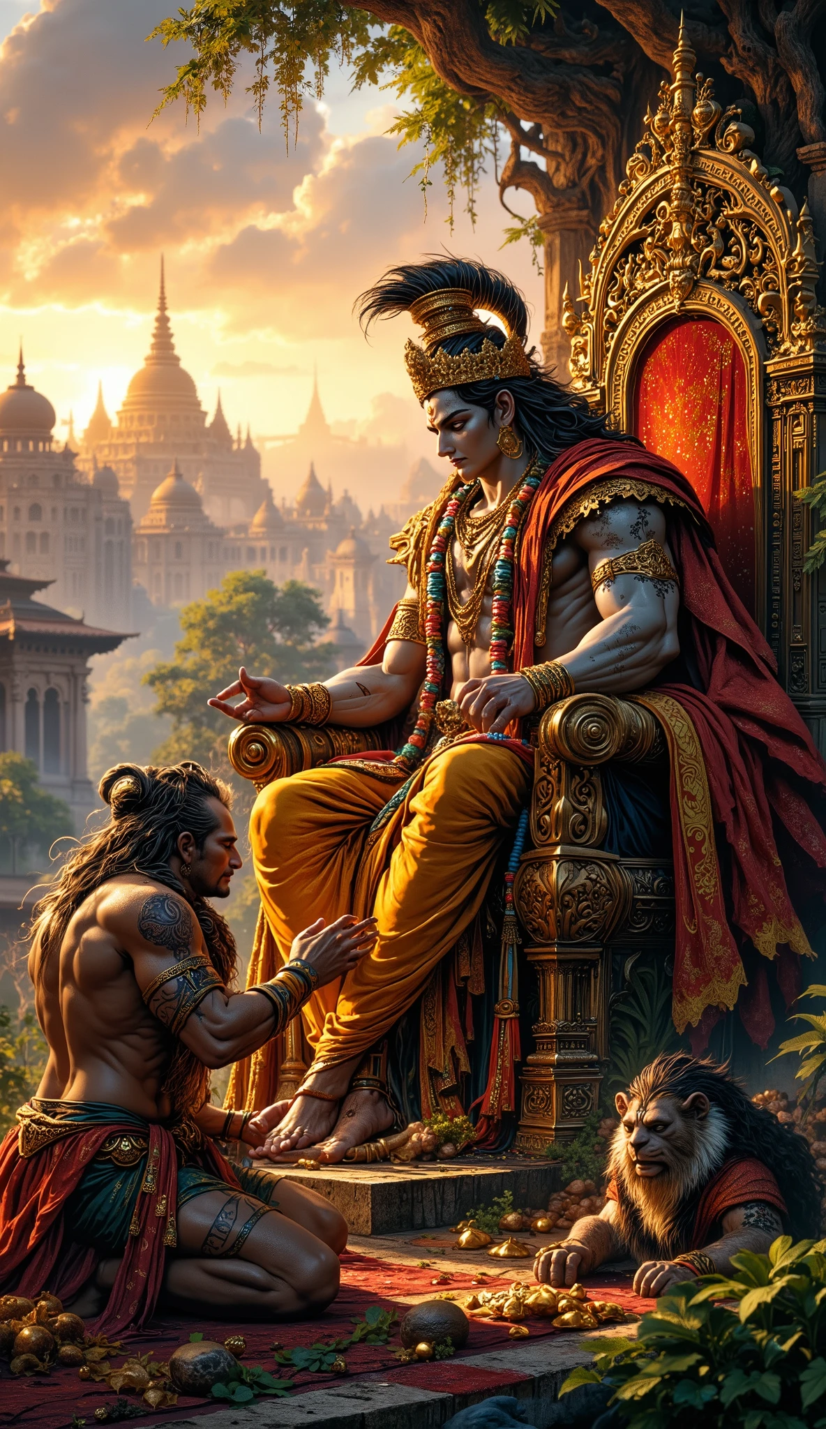 ram ji have girlish face long hair sitting on throne and hanuman ji who is very bigger kneel down in front of ram ji and beautiful background