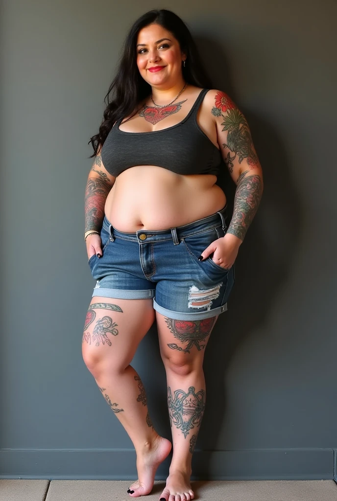 Super morbidly obese sweaty out of breath girl with black hair glasses and a small spider tattoo on her stomach in a too small sweater and ripped stained jean shorts