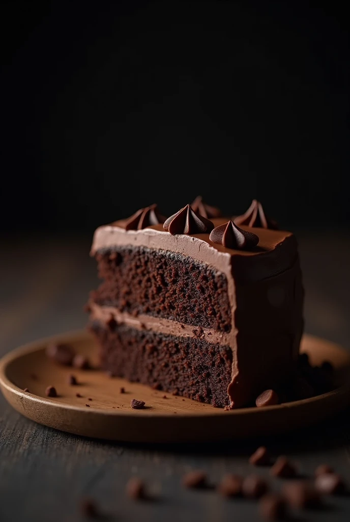 cinematic film still chocolate, chocolate cake, dark background, quality photo, moist texture, frosting, studio photo, slice . shallow depth of field, vignette, highly detailed, high budget, bokeh, cinemascope, moody, epic, gorgeous, film grain, grainy