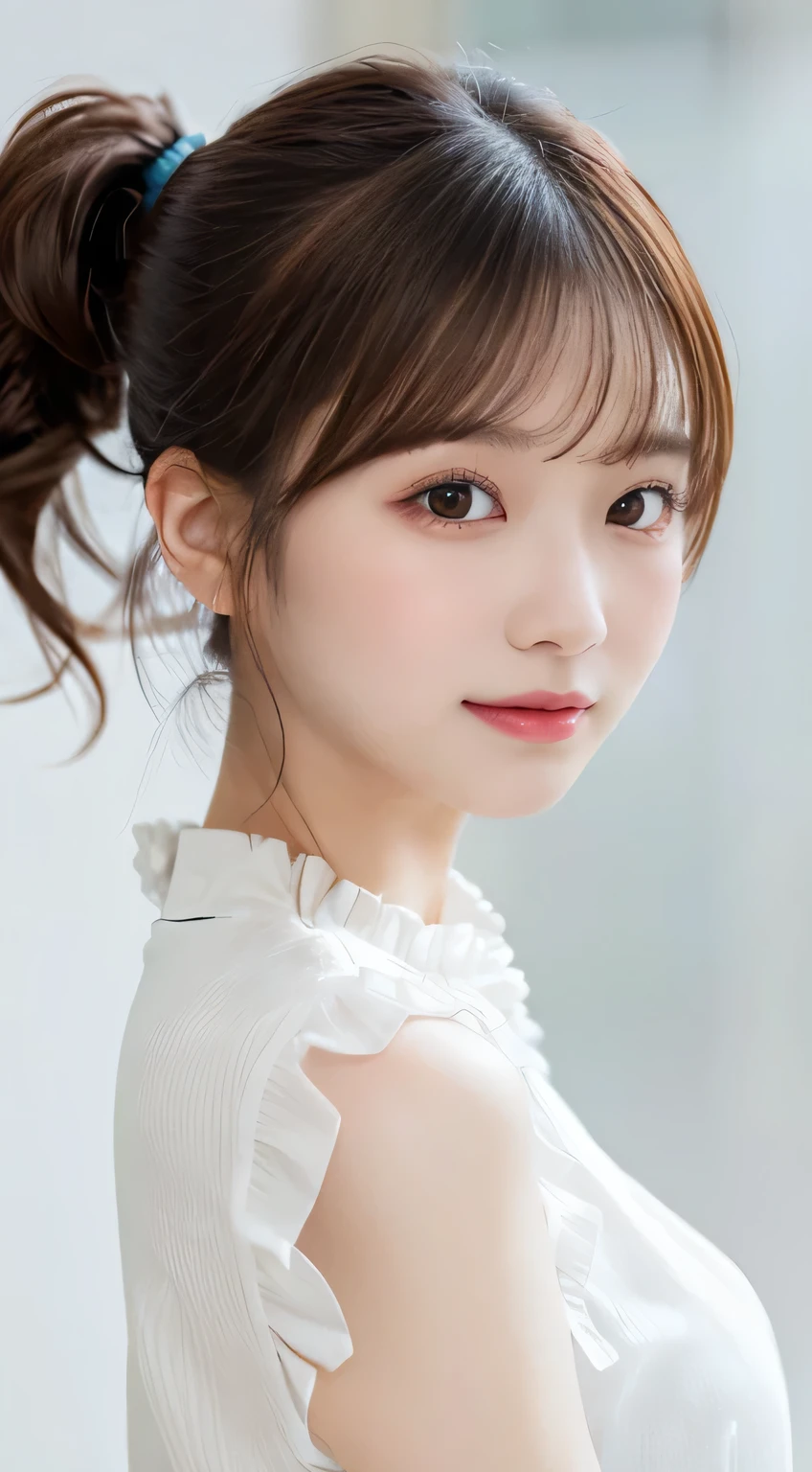 (beautiful girl、cute face、staring at the viewer:1.3)、top quality,8K image、 perfect double eyelids、happy、natural color makeup、Moist lips、white skin、(low ponytail、 Strongly Blurred White Background 、blouse、 frill、sleeveless:1.3),