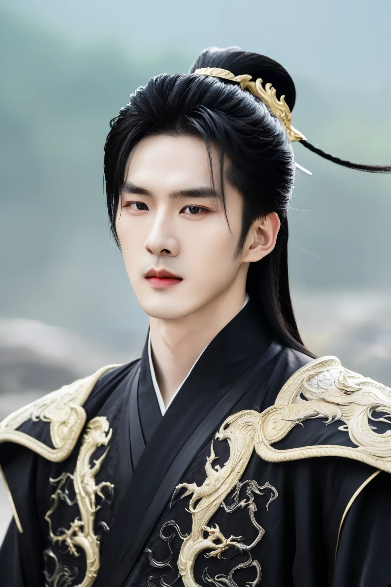 A very handsome chinese young prince, Wang Yibo) a dragon warrior with a black and gold clothes with a cape and holding a sword,handsome face (full oval face )and has fair aura white skin,prince,long hair, famous actor,the background should be mystical and with chinese dragons. He was facing the front,white fog,sparkling,no face bone