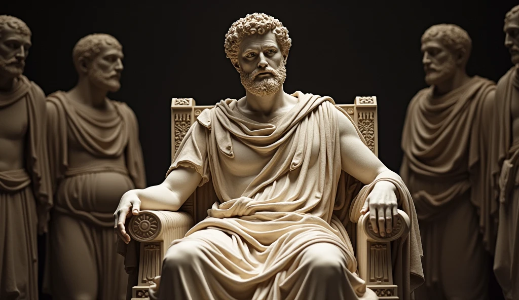 Arafed statue of a man sitting standing in museum at night, Illumination of the Dark Night Moon, divino e estoico, Estoicismo, estoico and calm, stoic, Stoic attitude, Pose estoica, eStoic face, philosophical, philosopher, classical statue, Marble statues, eStoic facial expression, an ancient greek statue, greco roman statue