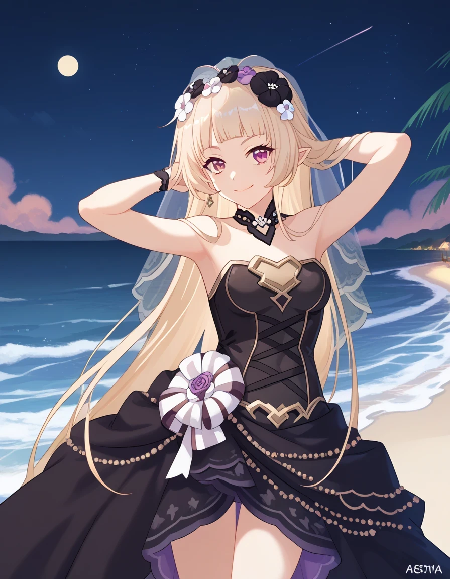 YukiCeremonial, blond hair, long hair, bare shoulders, black dress, bridal veil, black veil, hair flower, strapless dress, game screencap, shiny skin, high quality, solo, night sky, beach, ((hands behind head)), ((contrapposto)), closed mouth, cowboy shot, looking at viewer, smile, best quality