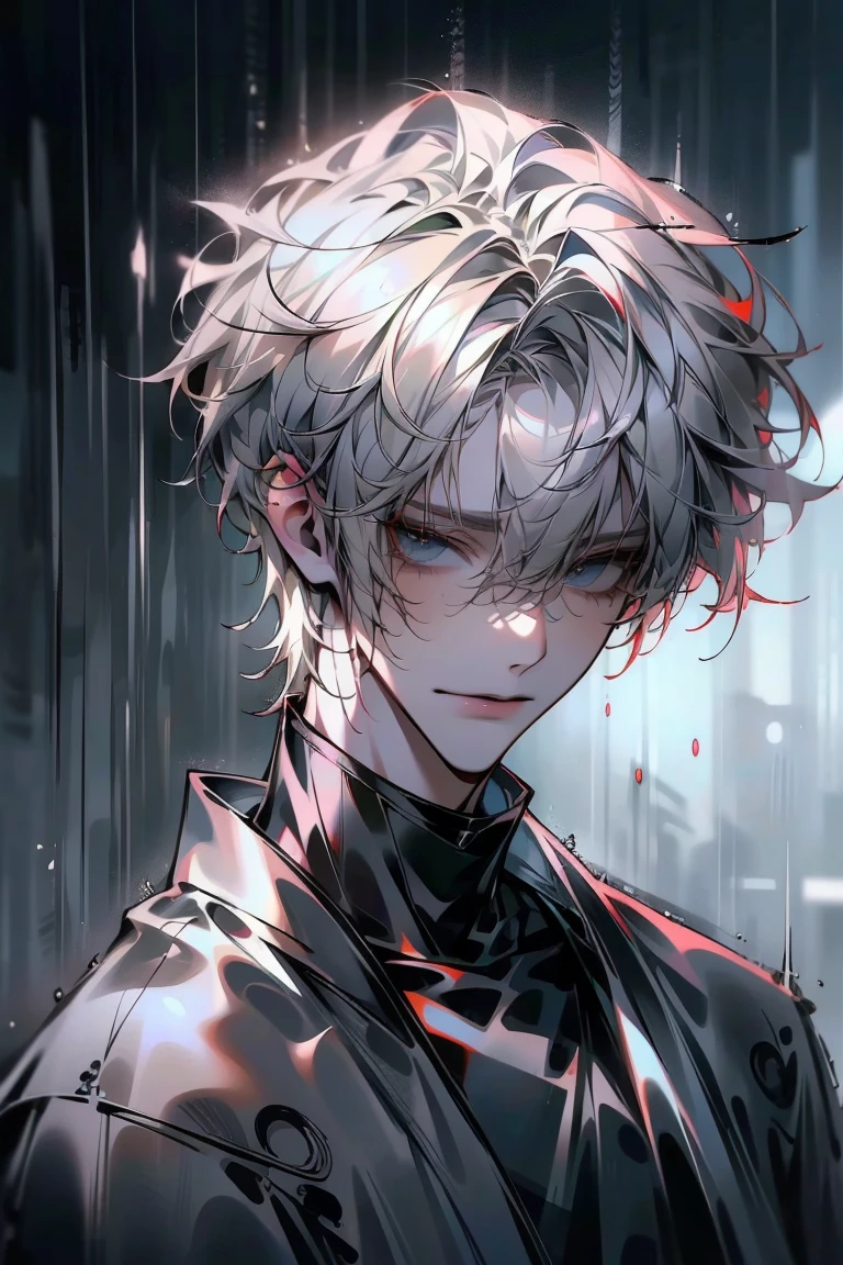Impasto, white Blonde hair, short hair, masterpiece, best quality, 1 man , bangs, perfect face , black eye , handsome male , alone, pale skin , Adult male , delicate line drawing,Extremely detailed , ((black turtleneck)), (black kimono with longitudinal stripes), deep shadow,  semi-realistic art  ,  semi-realistic art  style, expressive brushstrokes,  vivid brushstrokes , 인상주의 painting, realistic skin, realistic hair, realistic detail, photorealistic, high details,  Perfect Eyes ,  concrete wall with background , high quality, painting, pixiv illustration