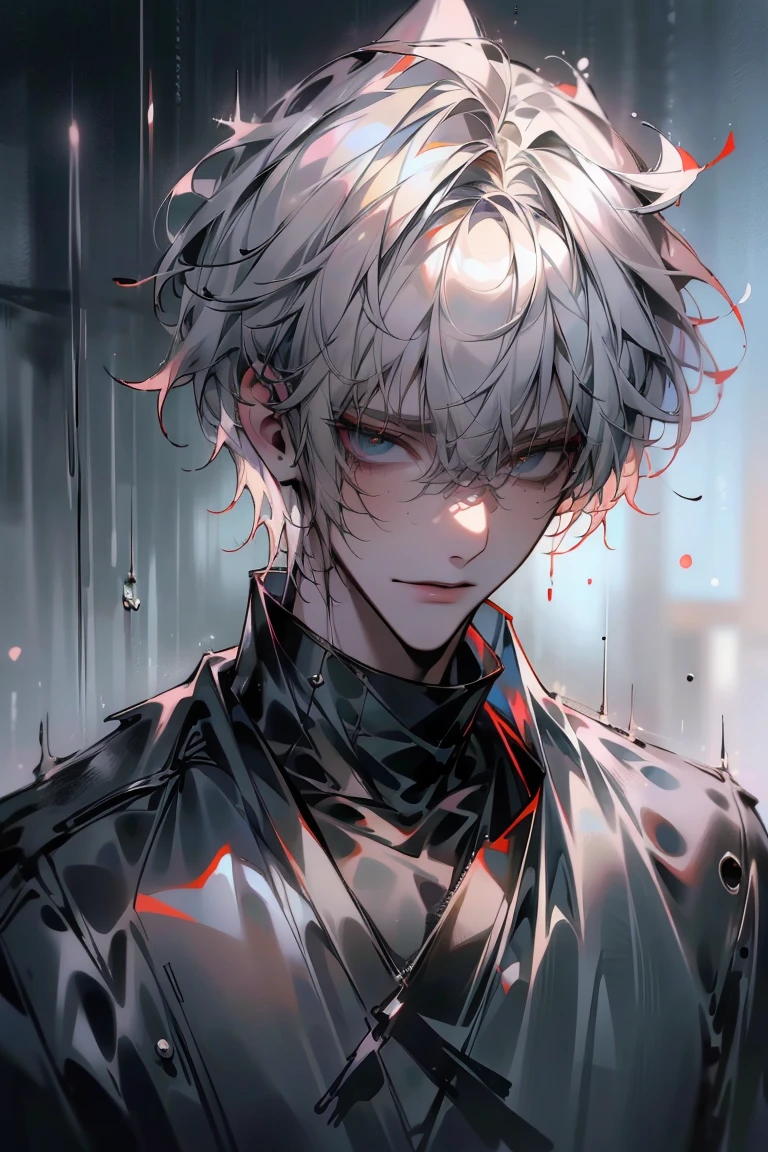 Impasto, white Blonde hair, short hair, masterpiece, best quality, 1 man , bangs, perfect face , black eye , handsome male , alone, pale skin , Adult male , delicate line drawing,Extremely detailed , ((black turtleneck)), (black kimono with longitudinal stripes), deep shadow,  semi-realistic art  ,  semi-realistic art  style, expressive brushstrokes,  vivid brushstrokes , 인상주의 painting, realistic skin, realistic hair, realistic detail, photorealistic, high details,  Perfect Eyes ,  concrete wall with background , high quality, painting, pixiv illustration
