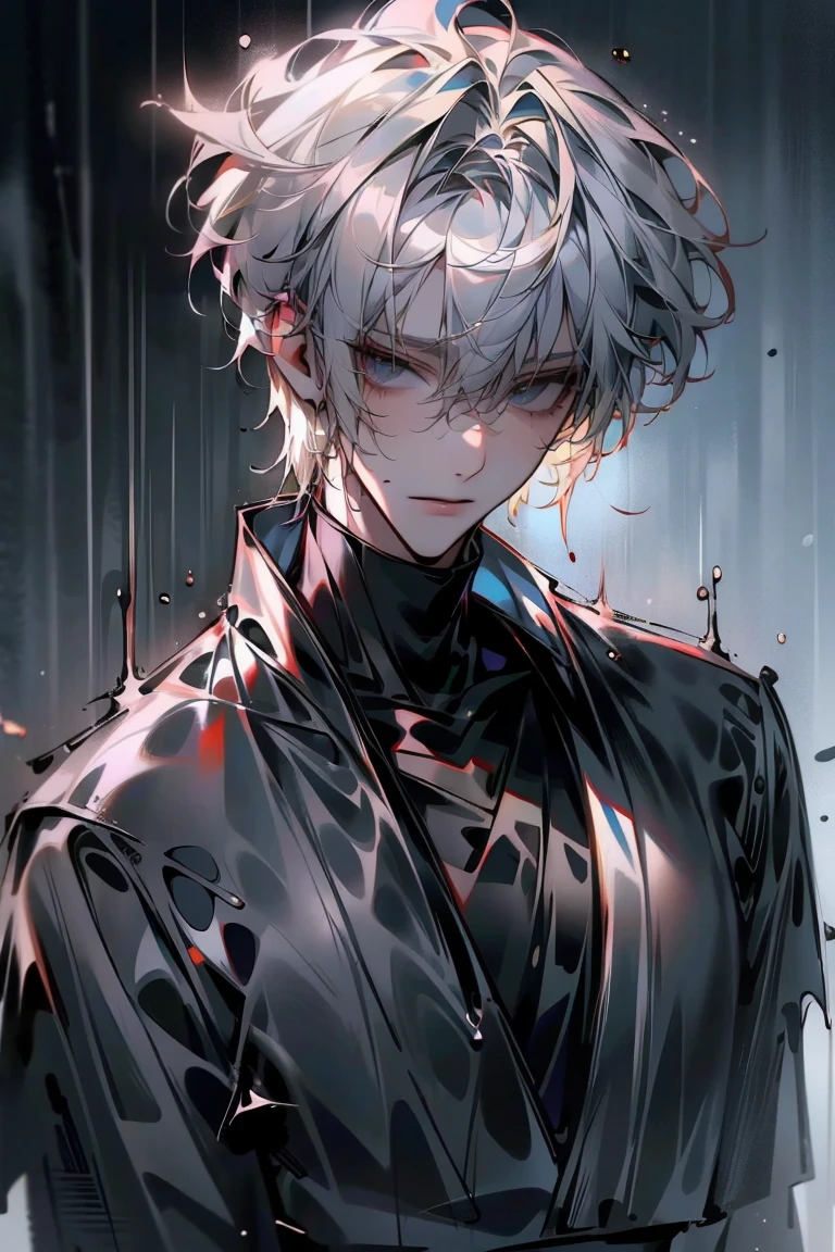 Impasto, white Blonde hair, short hair, masterpiece, best quality, 1 man , bangs, perfect face , black eye , handsome male , alone, pale skin , Adult male , delicate line drawing,Extremely detailed , ((black turtleneck)), (black kimono with longitudinal stripes), deep shadow,  semi-realistic art  ,  semi-realistic art  style, expressive brushstrokes,  vivid brushstrokes , 인상주의 painting, realistic skin, realistic hair, realistic detail, photorealistic, high details,  Perfect Eyes ,  concrete wall with background , high quality, painting, pixiv illustration