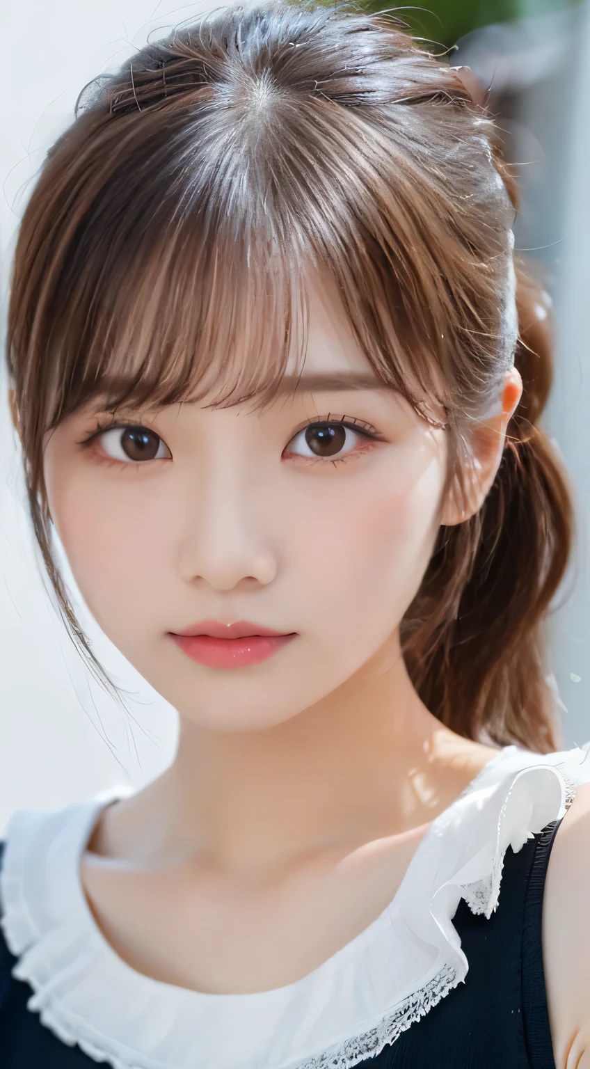(beautiful girl、cute face、staring at the viewer:1.3)、top quality,8K image、 perfect double eyelids、happy、natural color makeup、Moist lips、white skin、(low ponytail、 Strongly Blurred White Background 、camisole、 frill、sleeveless:1.3),summer