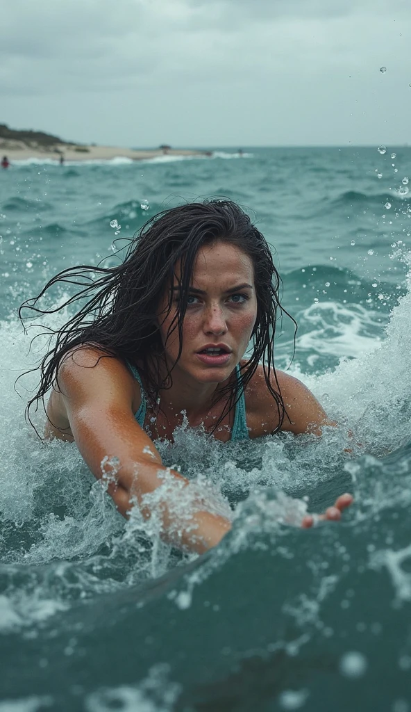 The sea was rough, each wave pushing Bella back, but she swam with all her might, her eyes never leaving Luna. The distance felt like miles, and every second counted. Bella's muscles burned from the effort, but her determination was unbreakable. She could see Luna’s frightened eyes just ahead, struggling against the relentless pull of the water.