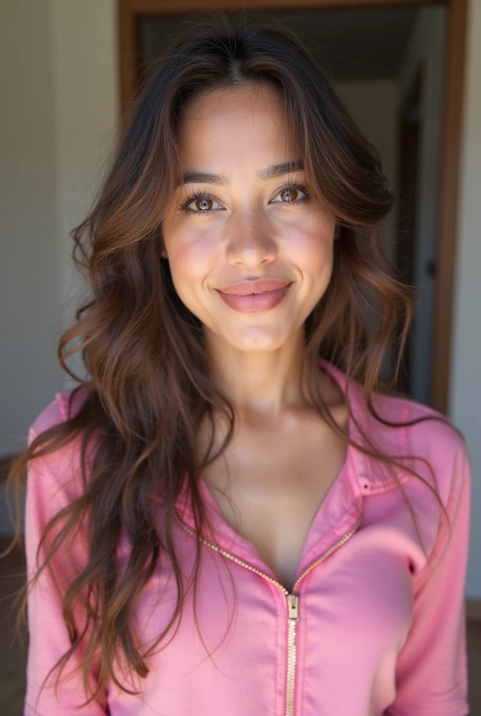 22 year old beautiful Latina model, wearing a pink comfortable suit, close up to face,front view, long curly brown hair, hazel eyes, Cozy background, happy face, Realistic photography, natural pose, realistic texture