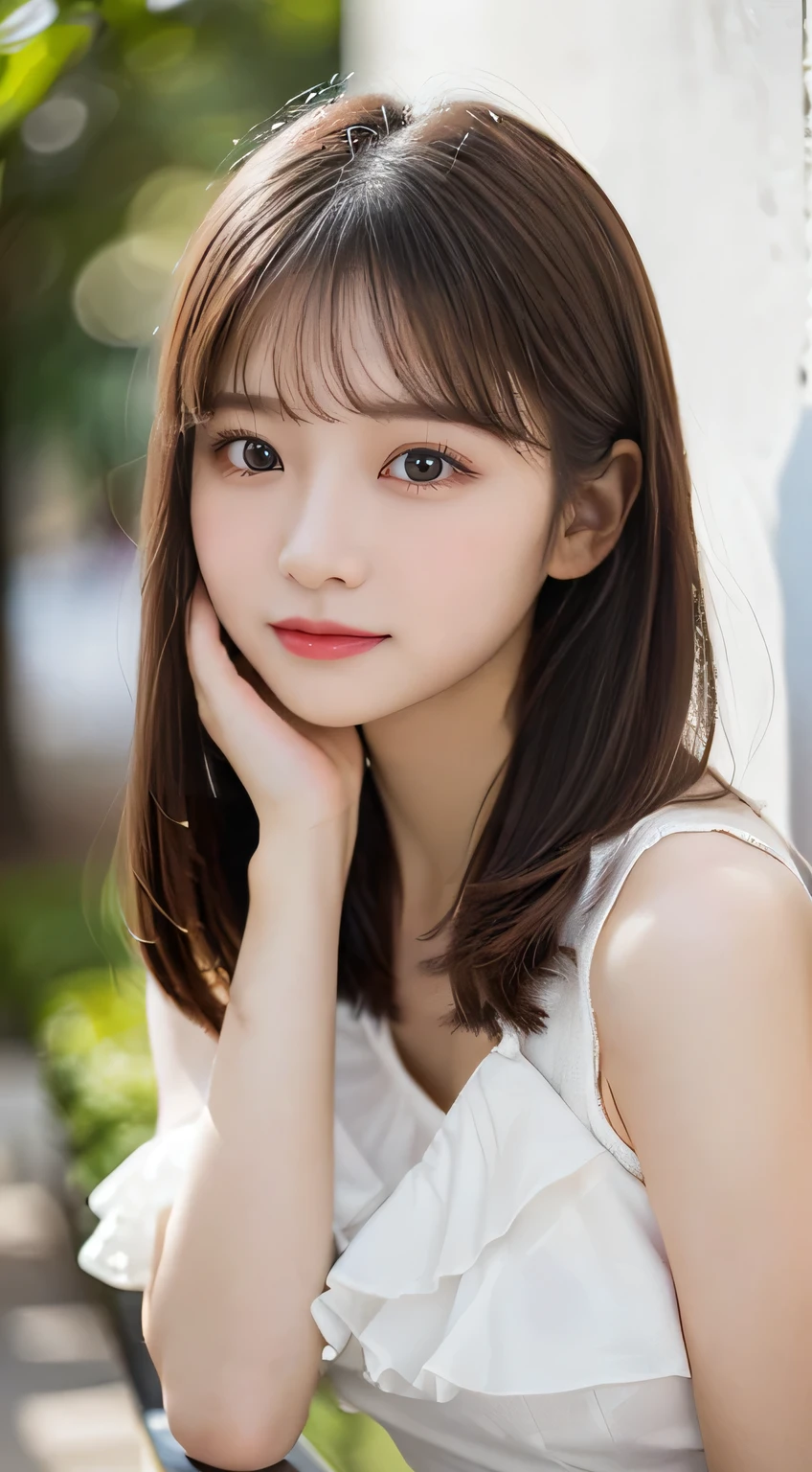 (beautiful girl、cute face、staring at the viewer:1.3)、top quality,8K image、 perfect double eyelids、happy、natural color makeup、Moist lips、white skin、(straight hair、medium hair、straight hair, Strongly Blurred White Background 、camisole、 frill、 frill、Midi Skirt、summer:1.3),