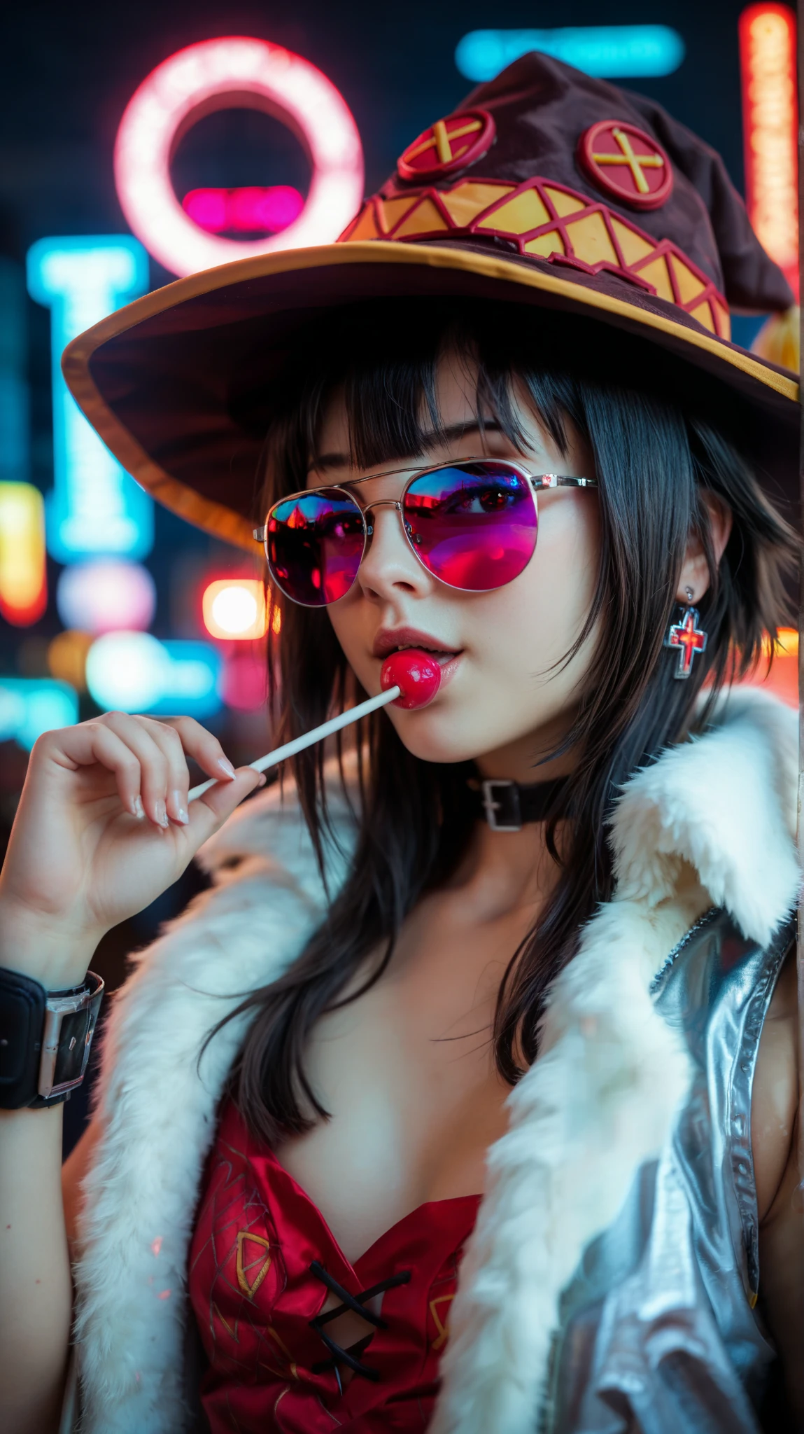 Ultra-realistic, hyper-detailed cinematic portrait of Megumin from Konosuba, redesigned with a modern, stylish aesthetic while maintaining her iconic features. She wears a trendy white sleeveless top with pearl details, a soft pink faux fur jacket draped over her shoulders, and elegant silver jewelry, including dangling earrings and delicate bracelets.
Her long, straight black hair is styled with decorative silver hairpins, and she wears chic pink-tinted round sunglasses that reflect neon lights. Her signature eye patch with a red cross remains on her left eye, while her right eye maintains its fiery intensity, glowing subtly with magical energy.
She holds a pink lollipop delicately between her fingers, her lips slightly parted with a confident and alluring expression. The background is a cyberpunk-inspired neon-lit environment, with vibrant pink and blue neon signs casting a soft, dreamy glow.
Shot with a Canon EOS R5, 85mm f/1.2 lens, ultra-sharp focus on Megumin, cinematic depth of field, hyper-realistic skin texture, individually rendered strands of hair, glossy reflections on sunglasses, and vibrant neon lighting effects.
--ar 16:9 --v 6 --style raw --q 2 --stylize 250, asian, korean