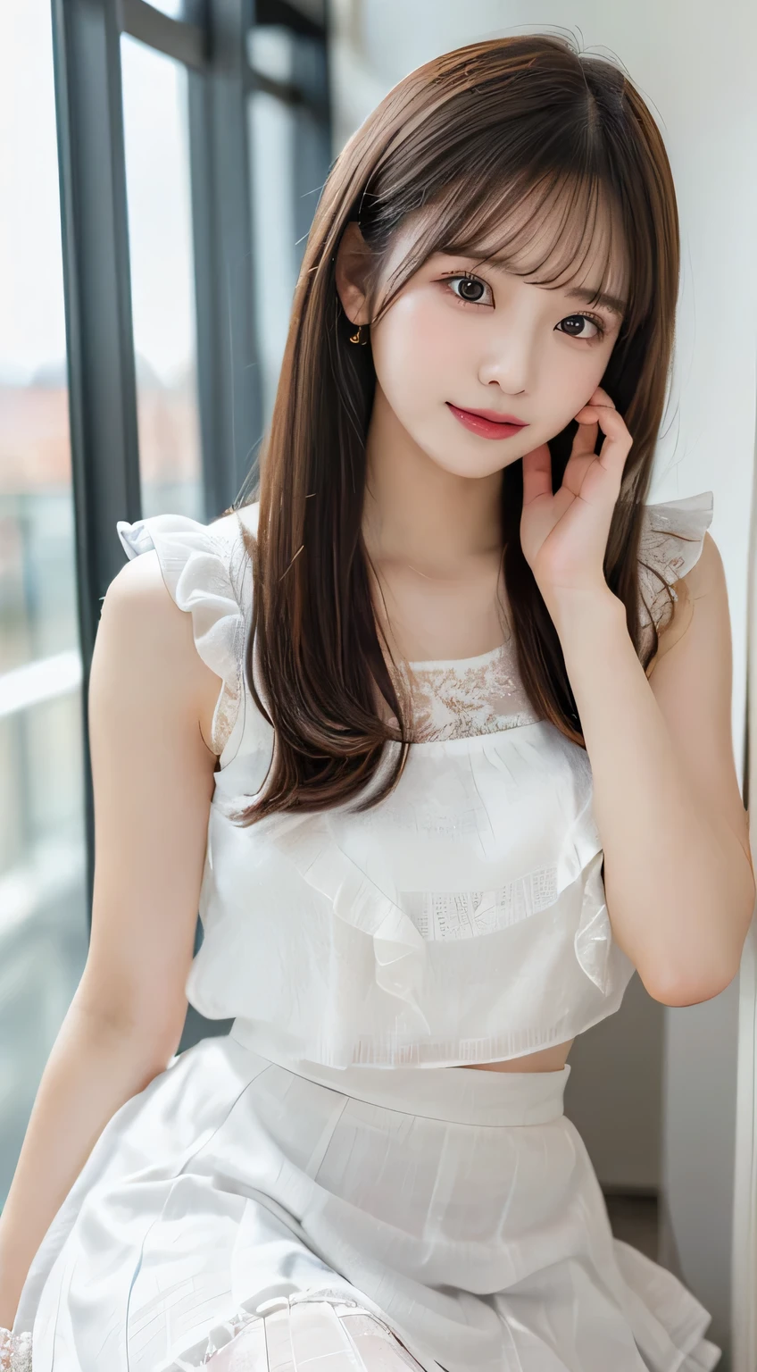 (beautiful girl、cute face、staring at the viewer:1.3)、top quality,8K image、 perfect double eyelids、happy、natural color makeup、Moist lips、white skin、(straight hair、medium hair、straight hair, Strongly Blurred White Background 、camisole、 frill、 frill、Midi Skirt、 lace skirt、summer:1.3),tiny ass
