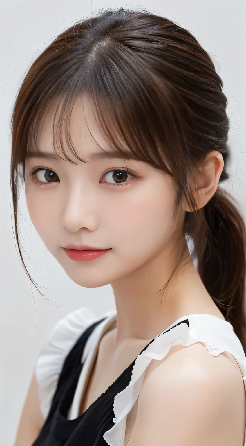 (beautiful girl、cute face、staring at the viewer:1.3)、top quality,8K image、 perfect double eyelids、happy、natural color makeup、Moist lips、white skin、(low ponytail、 Strongly Blurred White Background 、camisole、 frill、sleeveless、summer:1.3),
