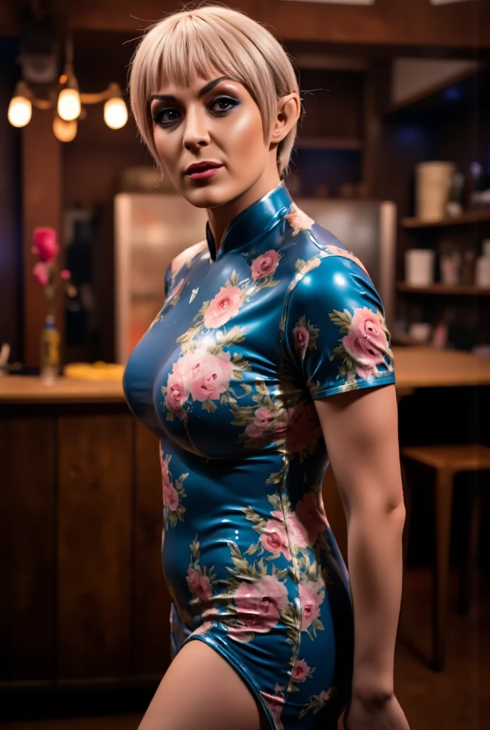 (background is giant oversized bartop:1.5), 1girl, (from above:1.5), (tiny:1.3) (minigirl:1.4) amazing stunningly beautiful (curvy:1.5) 21-year-old (mayim bialik:1.2)  standing on wooden floor (holding an oversized cocktail:1.5) and (wearing a tight green and yellow floral dress:1.5), (enormous breasts:1.5),  (tattooed:1.5), (aquiline nose:1.3), (short brown pixie cut:1.4), (closed sultry smile:1.5), (detailed pretty face:1.2), 