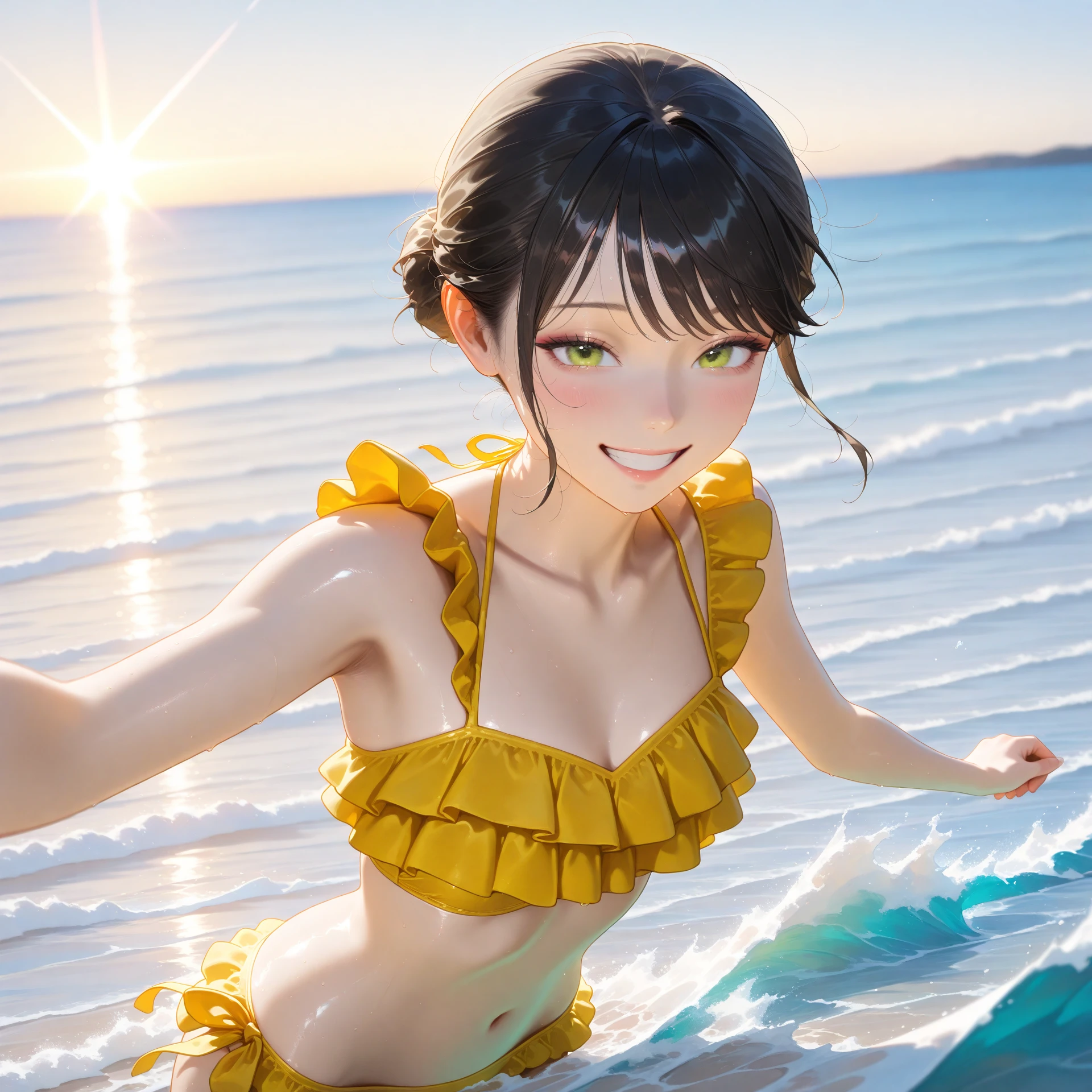 anime, waifu, realistic, masterpiece, best quality, (((Haruhi Suzumiya))) wearing a yellow headband with a yellow ribbon on both sides and a red bikini, angry smile, looking at viewer, official art, dark brown hair, beautiful symmetric face, beautiful eyes, bob cut, messy hair, at a beach on a summer day, alone, solo, 8k, 3d, cg