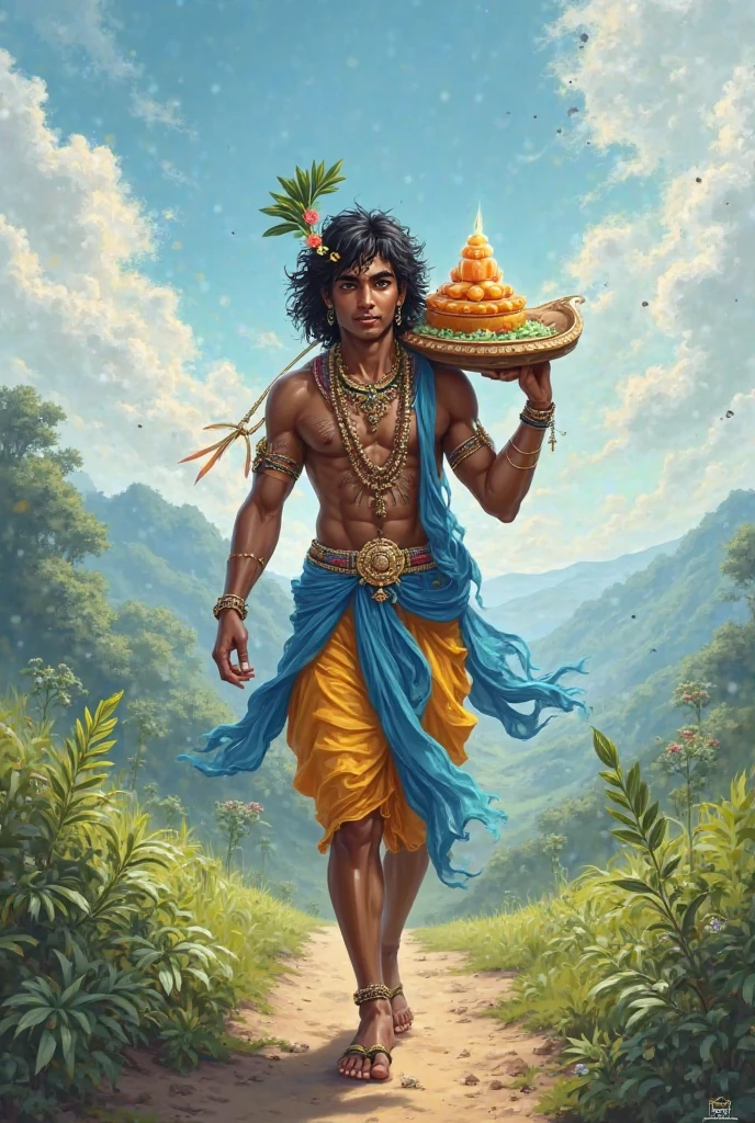 कृष्ण मजदूर की टोकरी उठता हुआ।
