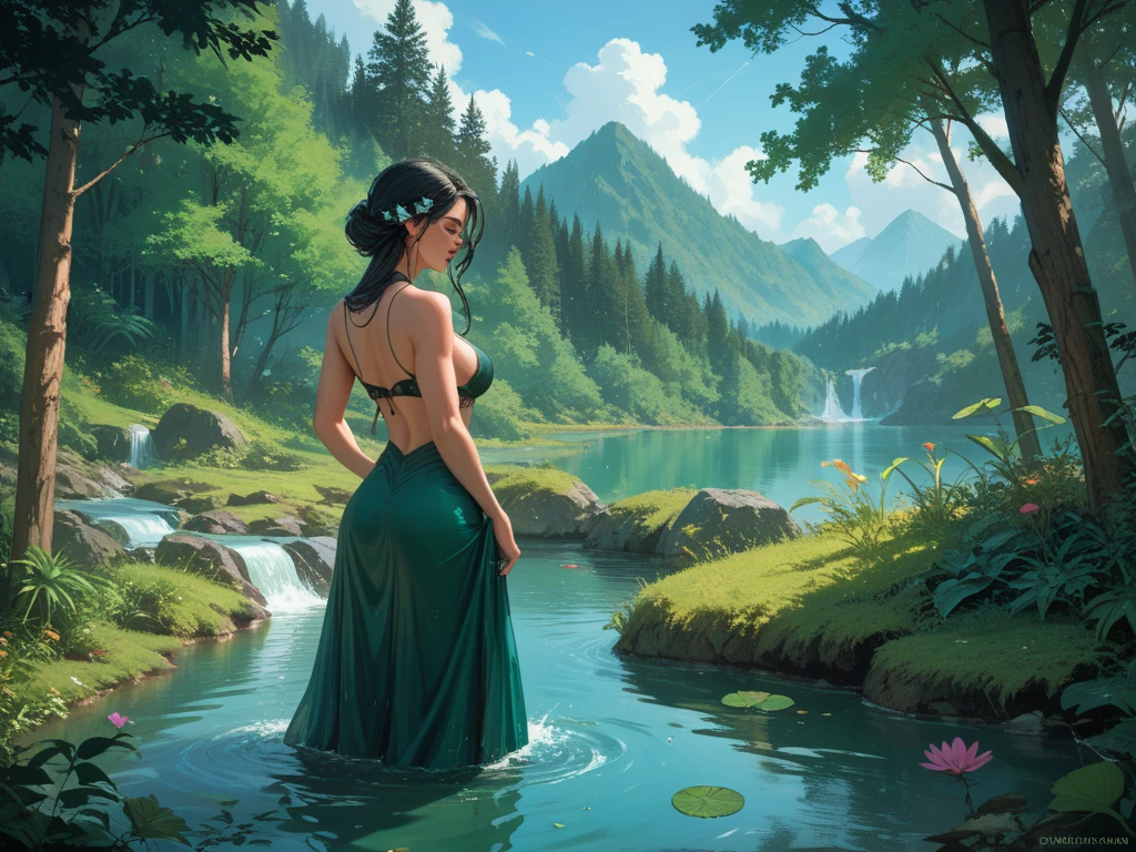 ((aeolian)), 1 young girl with a beautiful face and green eyes, Princess, (naked and wearing a gold gown), very long black hair in a long braid, no underwear, slim body, long legs, fantasy village landscape, bare feet, small breasts, leaning over, shiny skin, wet skin, silver necklace, silver anklets