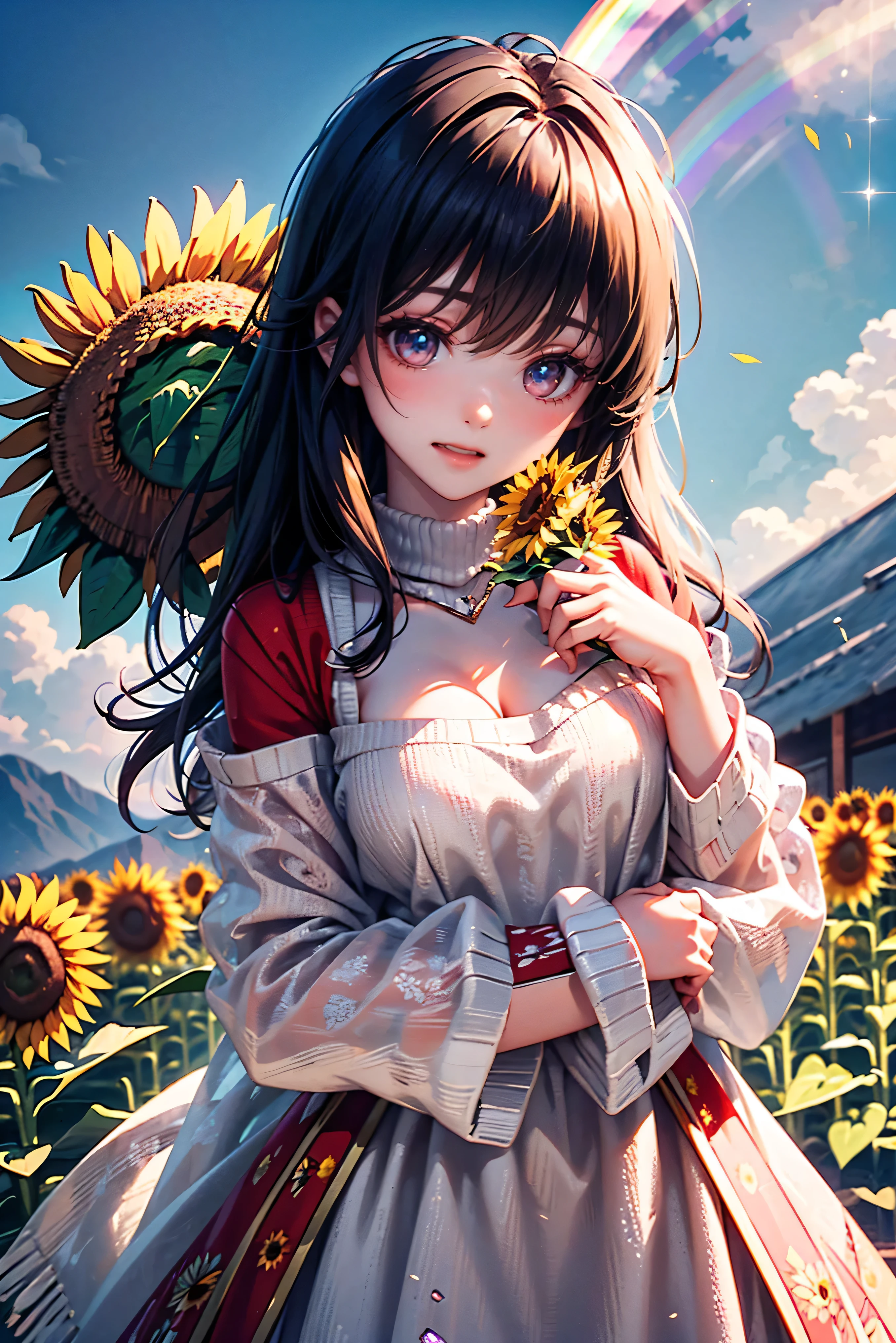best image quality、Professional、 top quality、((( rainbow crimson eyes)))、((( with sparkling eyes、 Delicate Eyes)))、(shiny lilac hair)、 long hair、 Princess cut、 smile shyly、 super detailed eyes、 highly detailed faces、(( Extremely Detailed Eyes))、 Masterpiece、 top quality、 super real、 high school girls、zoom、 looks up、 cute、(( clear, silky white skin ))、((( floral wool sweater )))、 red tight skirt 、((( sweater holding a sunflower in its hand is open)))、 raise your face、 Slim、(( Tiny Breasts ))、 cleavage、 moles on breasts 、(( pink bra))、((Exposed shoulders))、Feather hair ornament、(((Kneel and hold a sunflower in your hand、 with hands above head )))、(((The color of the eyes is different from left to right)))、Sunflower field