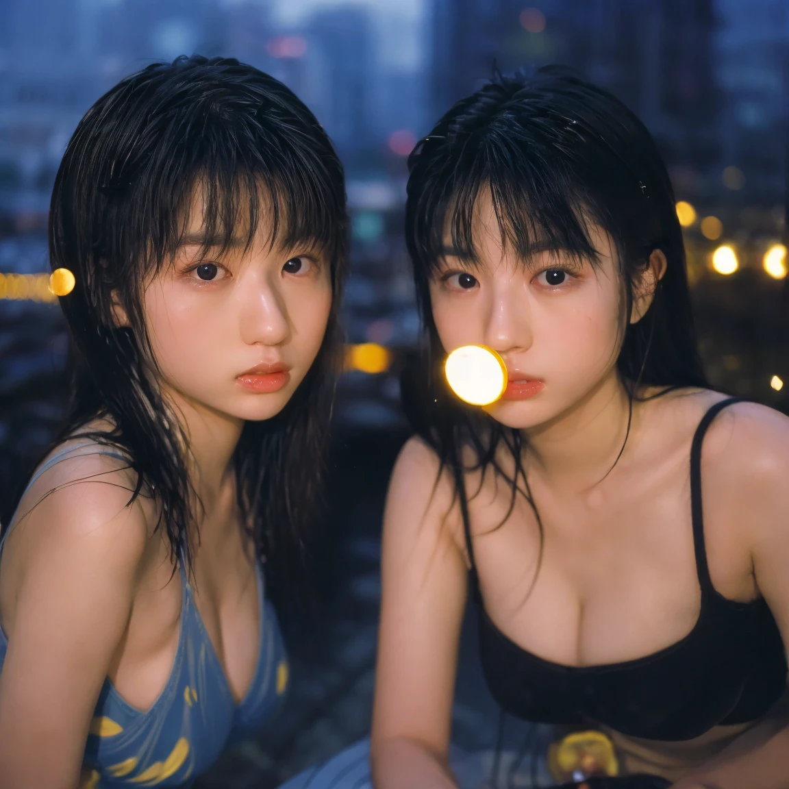 A very cute face like an idol、One 20-year-old woman with a youthful appearance、((leica 50 mm prime lens, cinestill 800T film))、(Cleavage)、(((Beautiful starry sky on the beach at night)))、((Very dim lighting))、((Don't expose your face to the light))、((Long-distance shot))、RAW Photos、Genuine、live-action、(Artistic Expression)、High resolution、masterpiece