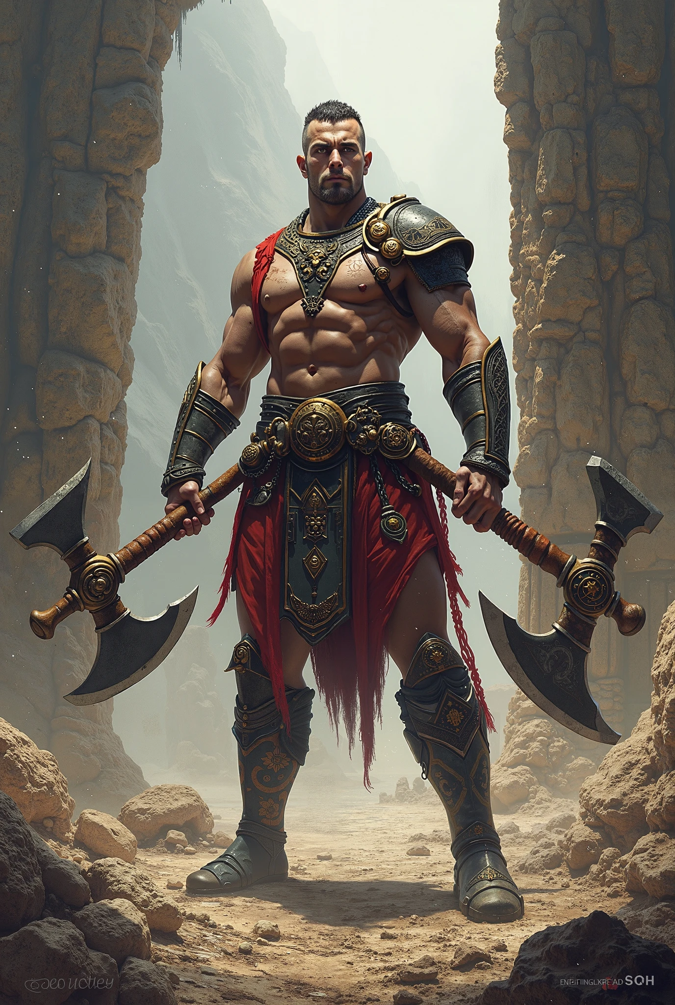 A man with 9 fit height with great musle build
He is from ancient times. He is a avatar of god. Having two sided axe in one hand and arch in another hand with long hair and beard
