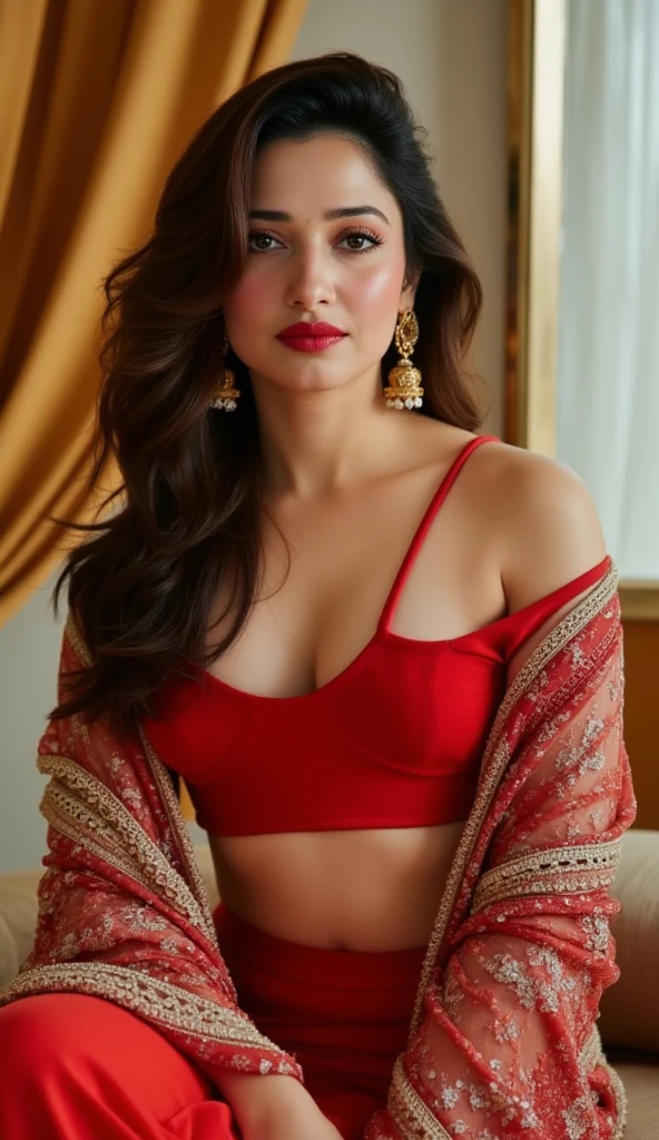 nude Portrait of A confident-looking Indian woman with long flowing hair, hazel eyes, with flowing capes, sitting in the car,wearing full red saree, c-cup brests, with perfect composition, hyperrealistic, super detailed, 8k, high quality, trending art, trending on artstation, sharp focus, studio photo, intricate details, highly detailed, art by greg rutkowski