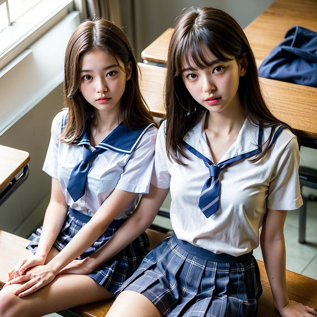 8K, RAW portrait of (japanese woman),masterpiece、Photoreal:1.1、realistic, ultra high resolution, highest quality, real life photos ,( When evening comes :1.1),Photo session、Brucella、
((((2 girls:1.5)))), (((Girl lifts up her skirt in her room and shows off her genitals)))、(cute face:1.3)、日本の2 girls,((Two Japan High School Girls))、((2 real high school girls))、((Japan High School Uniforms:1.6)),slender body,black hair,(Depth of written boundary:1.3)、 ((dark brown eyes:1.2))、(real skin texture:1.3)、(An immersive atmosphere:0.8、chiaroscuro:1.2) 、(look viewer:1.3)、((red cheeks:1.3))、((from belowの天井:1.2))、(smile:1.2)、((Visible genitals))、((pubic hair))、((Woman rolling up her skirt))、((from below:1.15))、((close-up of crotch:1.39))、(Photo with emphasis on genitals))、(loose socks)、((small breasts:1.4))、the cutest girl in the world、((spread your legs to the side:1.4))、Sweat、drool、tears、saliva