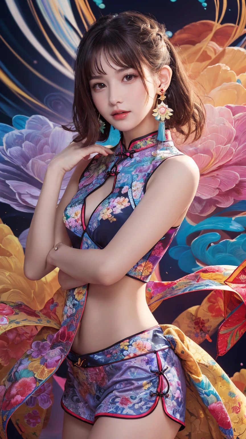 (masterpiece、highest quality、highest quality、official art、beautiful beautiful:1.2)、(1 girl:1.3)、smile gently、very detailed、(fractal art:1.1)、(colorful:1.1)(Floral:1.3)、most detailed、(tangled:1.2)、beautiful face、detailed face、perfect proportions、burst chest、big breasts thin waist、belly button、big ass、gap between crotches、thick tight、(dynamic pose)、(abstract background:1.3)、(qipao dress:1.2)、(shiny skin)、(lots of colors:1.4)、、(earrings:1.4)、1 female、Plump body shape、revealing costumes、おbelly buttonが露出した衣装、Upper body is nude、upper body naked、woman with exposed breasts、