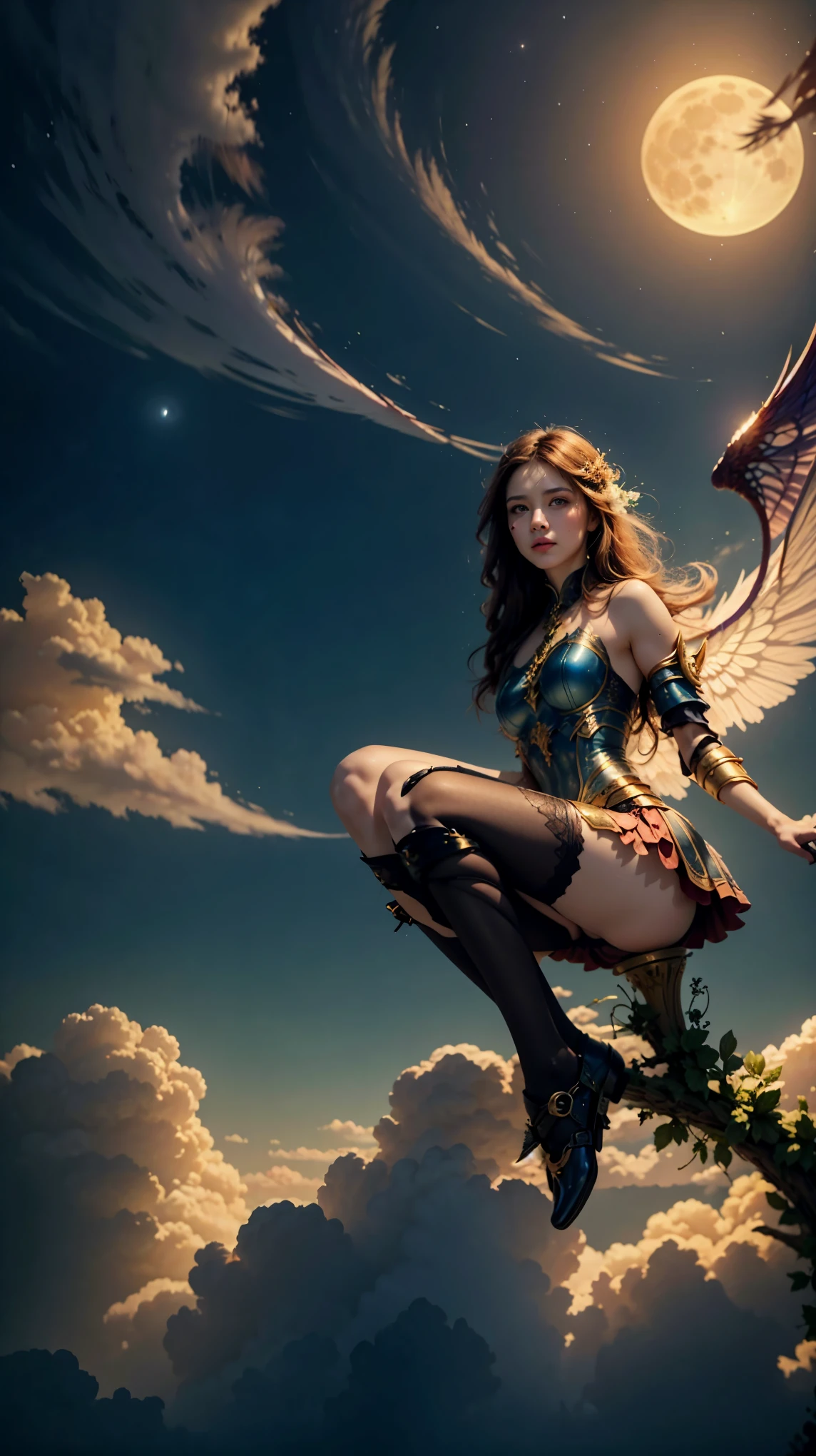((best quality)), ((masterpiece)), ( detailed), together, ethereal beauty, perched on a cloud, (Fantasy illustration:1.3), charming look, May,  pantyhose , socks, body, captivating pose, delicate wings,   supernatural charm  , mystical sky, big moon, moonlit night, soft colors, ( detailed cloudscape:1.3), (high resolution:1.2), underneath, ( review_explicit), (score_9, score_8_above, score_7_above, score_6_above, score_5_above, score_4_above, high resolution, 4K), belle, PERSEPHONE 