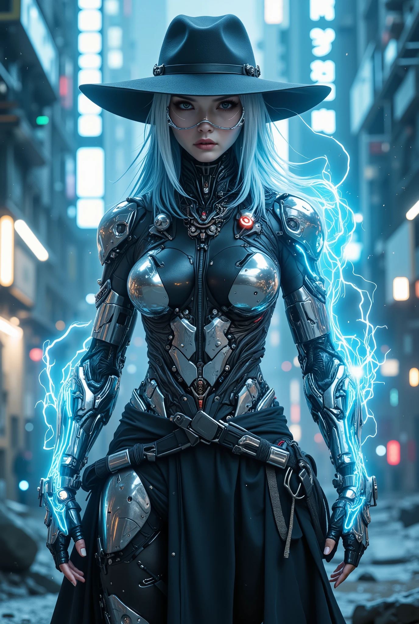 (( best quality)), ( great piece, high quality, high resolution, Realistic Image, photography, Details, no facial tattoo ), 1 Japanese actress, gang fighter , between 30 and 36 years old , 8k_ wallpaper , extremely Details eyes, ( large digital art ), ( Detailsที่ซับซ้อน:1.3 ), (ultra- Details:1.3), (sharp focus:1.3), ( natural light:1.05), (Colorful:1.3), ( best quality:1.4), HDR, Studio light , , has electric currents and flames all over the body ,,Put on a sci-fi hat, put on sci-fi fantasy glasses., ((Blue and white hair in a modern style)), (Wearing fashion glasses), {{light Neon blue}}, ({Smooth shiny chrome }), (big breasts), ( wider scope :2.4), big wide ass,with a neon blue glow pattern, wearing a fantasy sci-fi hat.,สวมหมวกแฟชั่นWearing fashion glasses , strong and strong arm muscles , ,. She wears fantasy sci-fi armor, red, orange, brown, gold, heavy and gives., A long sword with ten pointed ends is a bright blue venom style, She stands in a wide field, Put on High Heels , unsurpassed reality , hyperrealism , movies,Fashion hats and headbands and crowns, ,