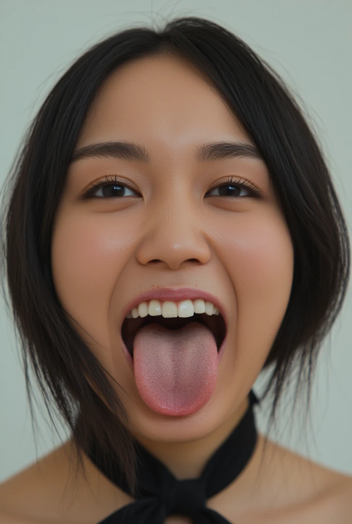 masterpiece,best quality,8k,realistic,solo,portrait,1girl,tongue, black hair, tongue out, open mouth, what, looking at viewer, simple background,