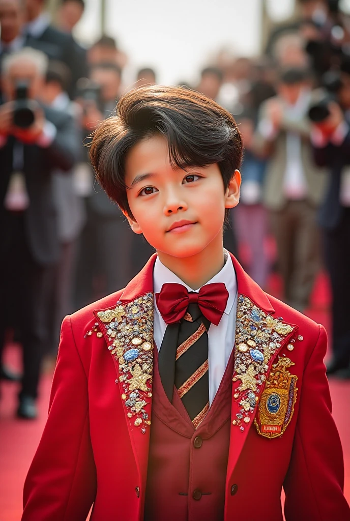 A 10 year old vampire boy with black hair and red eyes. Holding a crown in his hand