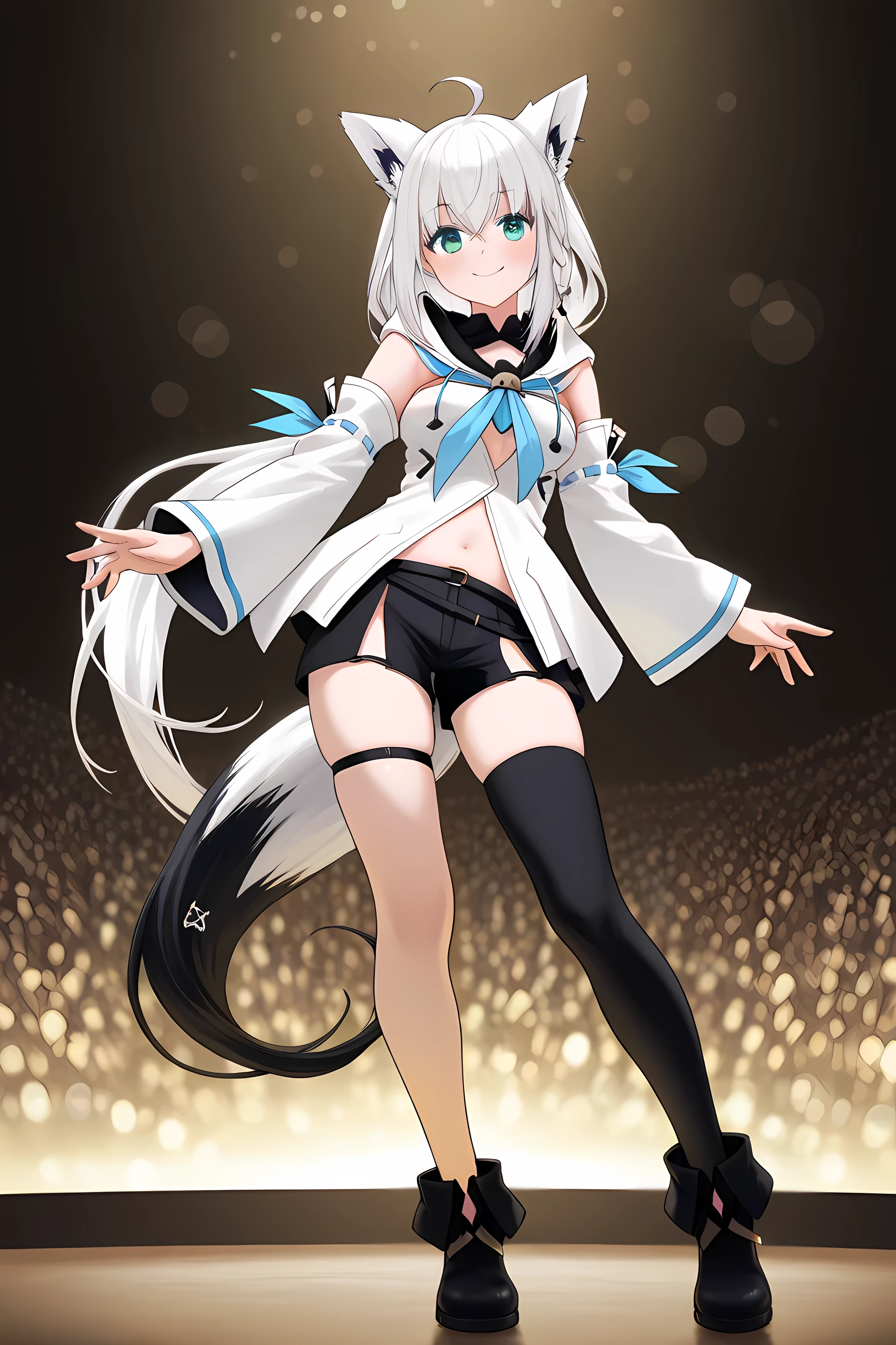 high quality,4K,8k, ultra-fine in 8K,HDR,UHD,Ultra Fine Art,Sharp Focus,physically-based rendering,Super Detail,professional,vibrant colors,bokeh,live stage, shirakami fubuki/Hololive,Fubuki_base, white blouse, detached sleeves, black shorts, blue neckerchief, thigh strap, single thighhigh, white hair, single side braid, ahoge, piercing, fox tail,One Woman,gentle face,smile,is standing,textured skin,natural light,soft light,Delicate skin,smooth curves,Sensual,delicate,fascinating,delicate texture,Three-dimensional,Brilliant Light,full body