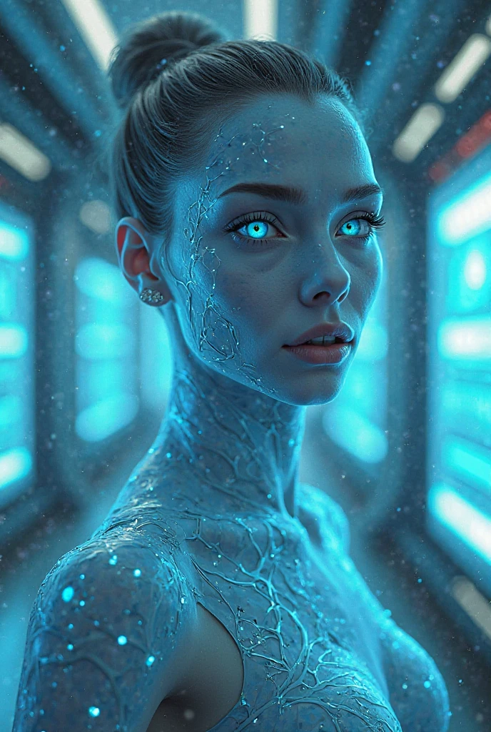 A beautiful alien humanoid woman, Alice Eve, hyper-detailed nude portrait, glowing blue skin, ethereal otherworldly features, mesmerizing large eyes, sharp cheekbones, delicate facial features, elegant long neck, graceful pose, mystical aura, cinematic lighting, dramatic chiaroscuro, vibrant colors, photorealistic, 8k, high quality, concept art, digital painting