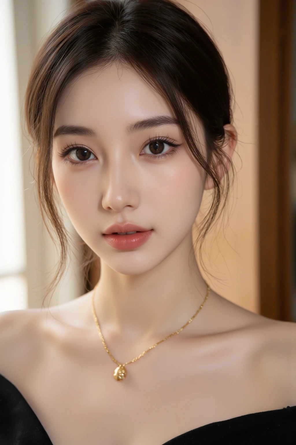 8k, Tabletop, RAW Photos, highest quality, Realistic, Highly detailed CG Unity 8k wallpaper, Depth of the written border, Cinematic Light, Lens flare, Ray Tracing, (Very beautiful face, Beautiful Lips, Beautiful Eyes), Intricately detailed faces, ((ultra high density skin)) 1 girl, In the Dark, Deep Shadow, Cute Korean Girl, ((Looking at the audience)),(Captivating smile), (Blurred Background), Earrings, bracelet, necklace, Clear Eyes, Bedroom, Front shot, (White skin), I'm looking forward to, (Big eyes), ((Upper Body Shot)), ((baby doll, White corset, Lace fabric)), (,  shape), (Pink Hair:1.3), (ponytail), (:1.5), (()), See through,