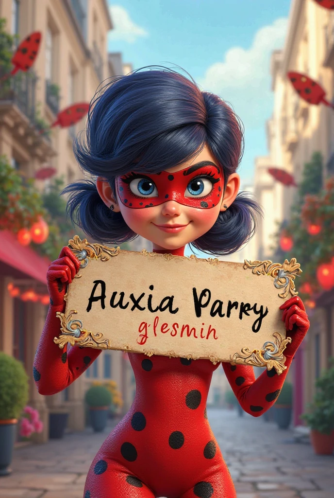 Animated miraculous ladybug holding a sign with the name Alexia Valery ...