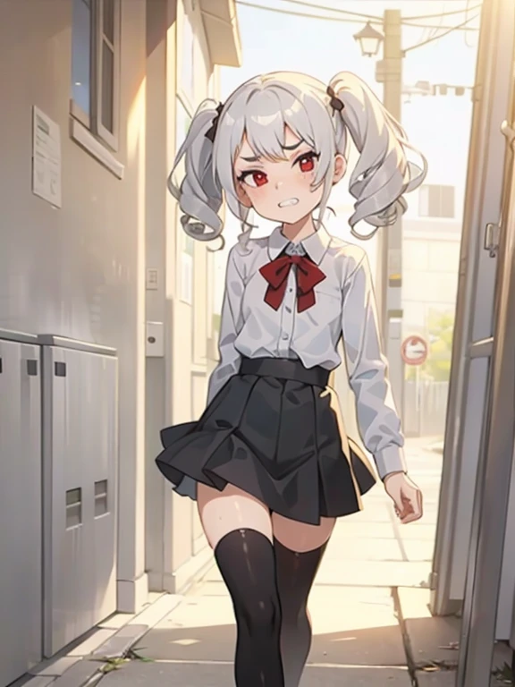 Young girl with grey hair, ((fringed and curly hair)),((curly short twintail)), curly hair ,(red eyes),, ((small bushy eyebrows)), wearing gothic lolita clothing, lolicon , walking to school, bored look, bored face, , lifting her skirt to show her vagina wet with semen, having sex