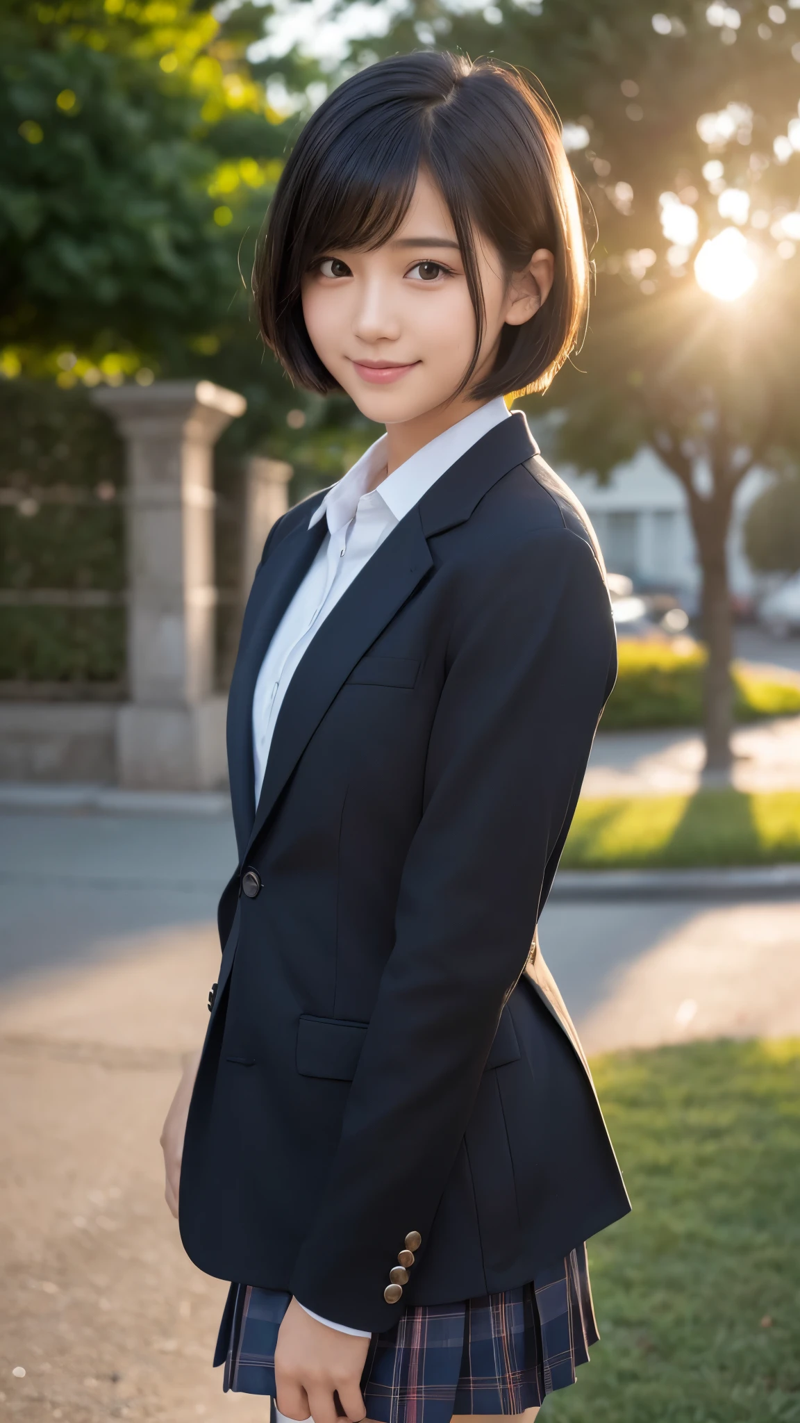 best quality,masterpiece,photorealistic,extremely detailed CG unity 8k wallpaper,1girl,suit,upper body,looking at the viewer,outdoors,