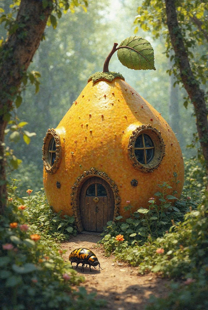 A pineapple-shaped organic house design in the fairy garden, adorable, beautiful modern house design, beautiful environment flowers around the house, soft sunlight, winter season, photo real, realistic