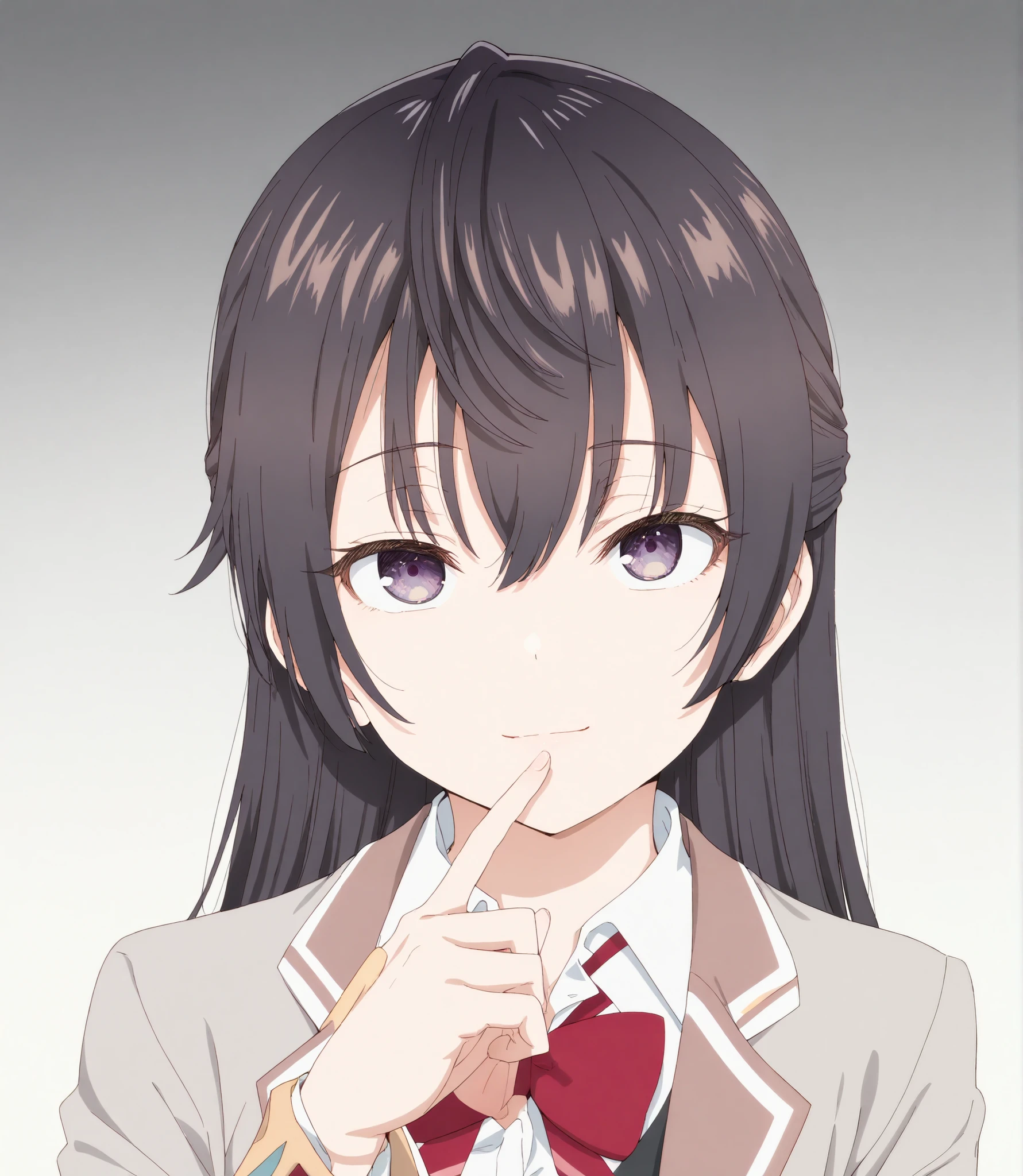 masterpiece, best quality, amazing quality,
1girl, looking at viewer, solo, gradient background, light smile, finger to mouth, portrait, upper body,
yuki suou (roshidere), black hair, long hair, half updo, hair between eyes, purple eyes,
school uniform, grey jacket, open jacket, long sleeves, red bow, white shirt, collared shirt, black vest, small breasts, looks up 

