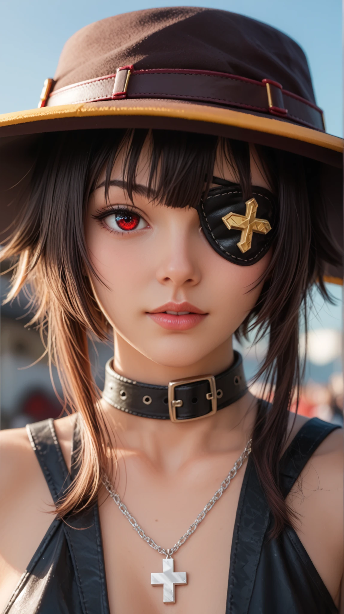 Ultra-realistic extreme close-up of Megumin’s left eye patch, showcasing intricate textures and fine details. The patch is deep crimson red, adorned with a golden cross emblem, carefully embroidered with visible stitching. The fabric has a subtle leather-like texture, with natural creases and fine grain, showing signs of wear and use.

The edges of the patch are finely stitched with golden thread, adding a rich, luxurious contrast. The strap holding the patch in place is matte black leather, wrapping securely around her head, with tiny creases and tension marks visible.

The lighting is cinematic, casting soft highlights that emphasize the texture and realistic depth of the material. The background is blurred, maintaining full focus on the intricate details of the patch.

Shot with a Canon EOS R5, 100mm macro lens, f/2.8, extreme photorealism, cinematic lighting, ultra-sharp details, high-definition textures, realistic reflections and shadows.

--ar 16:9 --v 6 --style raw --q 2 --stylize 250