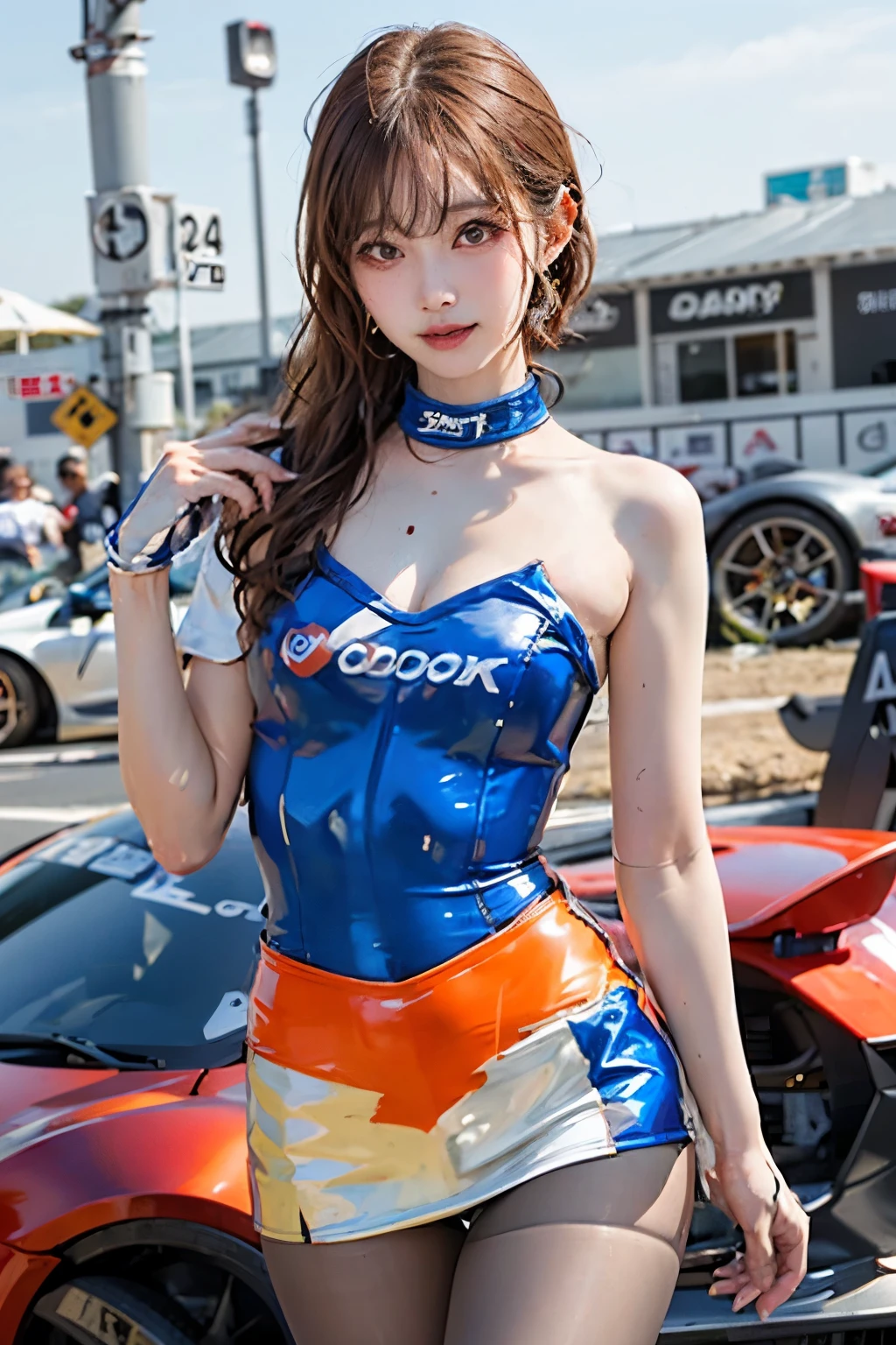 Close-up of a woman in a bikini posing in front of a car, Sexy Girls, Breasts covered and SFW, Close-up body shot, sports car, West Shot, Japanese Goddess, Japanese Model, sports car, Translucent body, Revealing clothing, Trending on cgstation, Race Car, Side bust, Better known as Amrans, thick, Many smooth curves