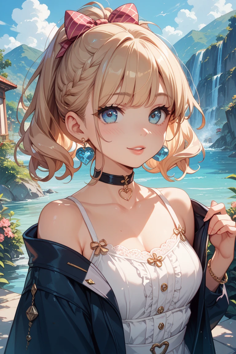 (best quality: 1.2, very detailed, high detail, ultra-high resolution, masterpiece: 1.2, 8K, top quality, best aesthetic, perfect lighting: 1.2, best shadow, high contrast, high color saturation), anatomically correct, perfect hands, cinematic lighting, anime artwork, 
((beautiful and attractive girl, 1 girl)), (18 years old), gal, gorgeous, 
(shiny golden leopard print bikini: 1.3), micro bikini, luxurious, 
medium straight hair, ponytail, french braid, shiny platinum blonde hair, (smoky pink gradient hair: 1.2), bangs, 
((small head: 1.2)), (small face: 1.2), slender body, slim, long limbs, medium  breasts, tan skin, wet skin, splashes on the body, (from below: 1.2), (ground level shot: 1.2), 
sensual look, sparkling black eyes, moist eyes, (finely detailed beautiful eyes: 1.3), double eyelids, (eyelash: 1.3), (eye shadow: 1.2), (light pink lip: 0.9), 
necklace, piercings, bracelet, 
clean river, crystal clear water, water surface, creating splashes, watereffects, kaieteur falls, waterfall, blue sky, white clouds, rainbow, dazzling sunlight, 
deep depth of field, bright colors, 