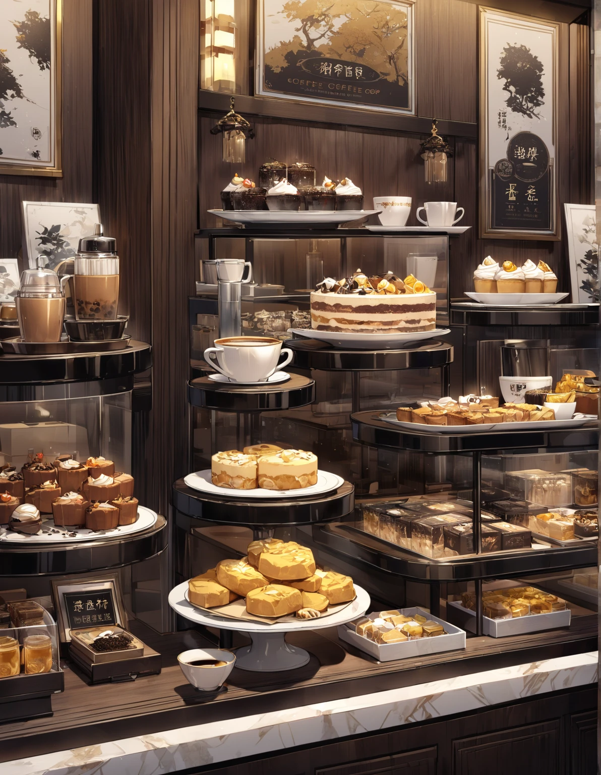 photoRealstic、Luxurious rooms in the coffee shop、Think of variations of shortcake and coffee sets