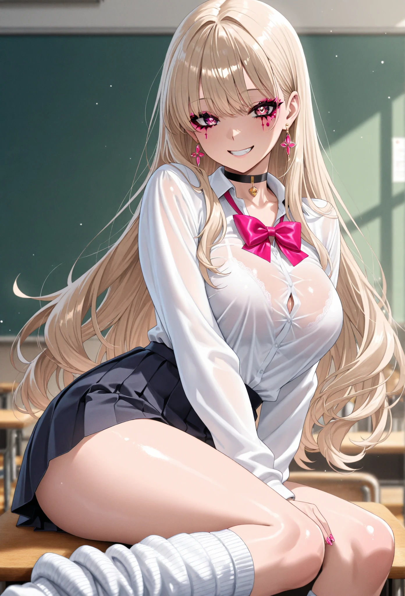 masterpiece, high quality, 1girl, gyaru, blonde hair, pink eyes, school uniform, thighhighs, pink bra