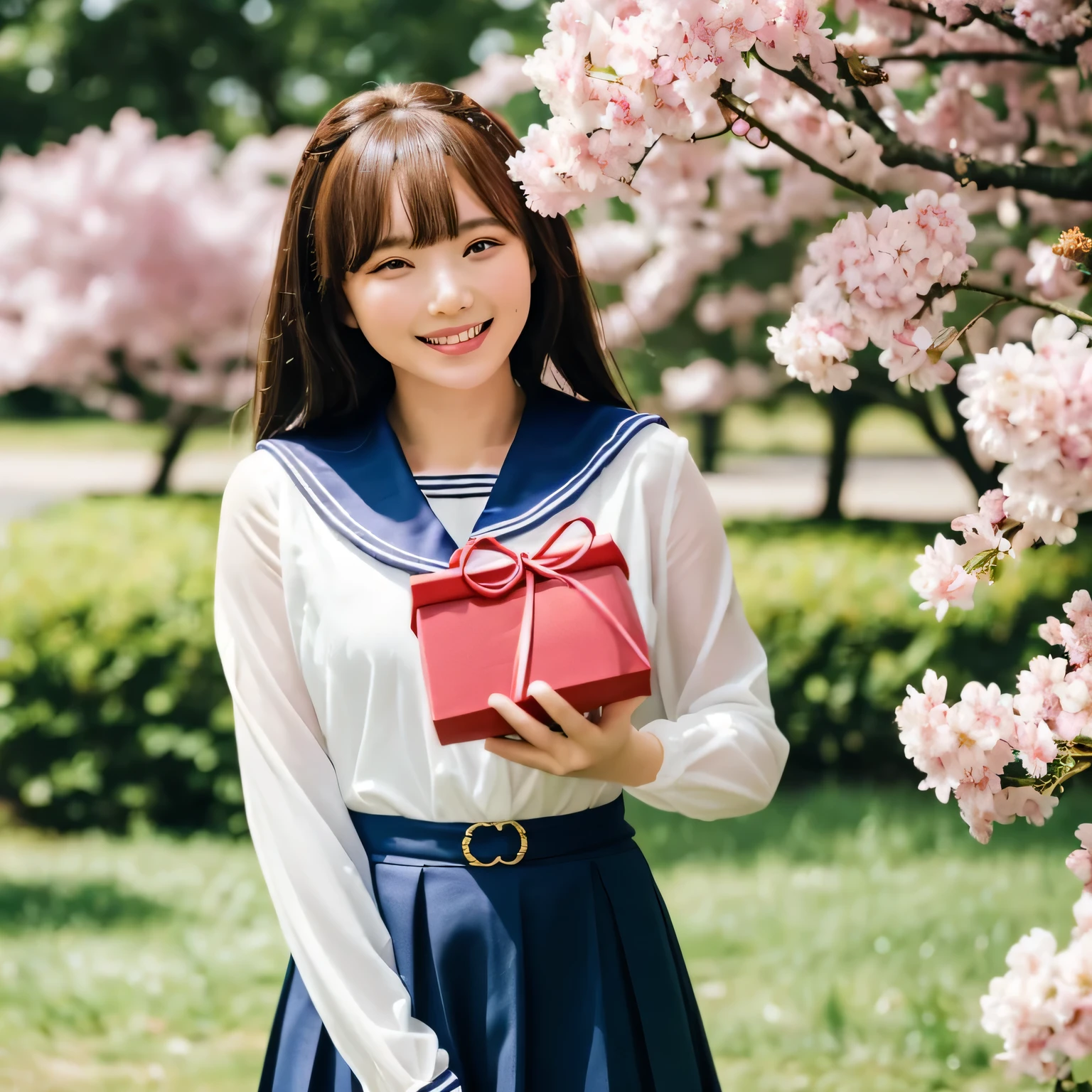 A breathtakingly beautiful 20-year-old woman stands in a lush park filled with cherry blossoms in full bloom beneath a clear blue sky. She wears a classic sailor uniform and gently holds a small, neatly wrapped gift box adorned with a red ribbon. Her radiant smile and joyful expression convey heartfelt happiness. Long hair, black hair, dark eyes.