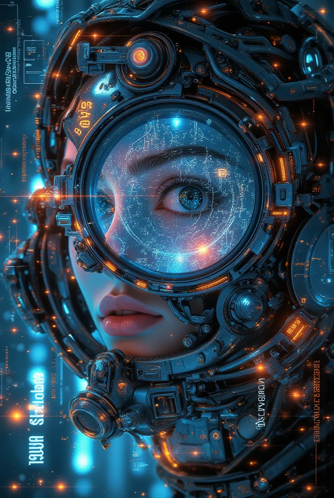 extreme close-up of a single-lens reflex camera, Extra close-up, cyberpunk female armor is reflected and projected onto the lens part,  multiple exposure effects , lens with countless digital codes and numbers projected, radical collage, lens is an ultra-high performance machine eye that monitors everything in the universe, surveillance eye on the lens part tracks the girlfriend of armor, 